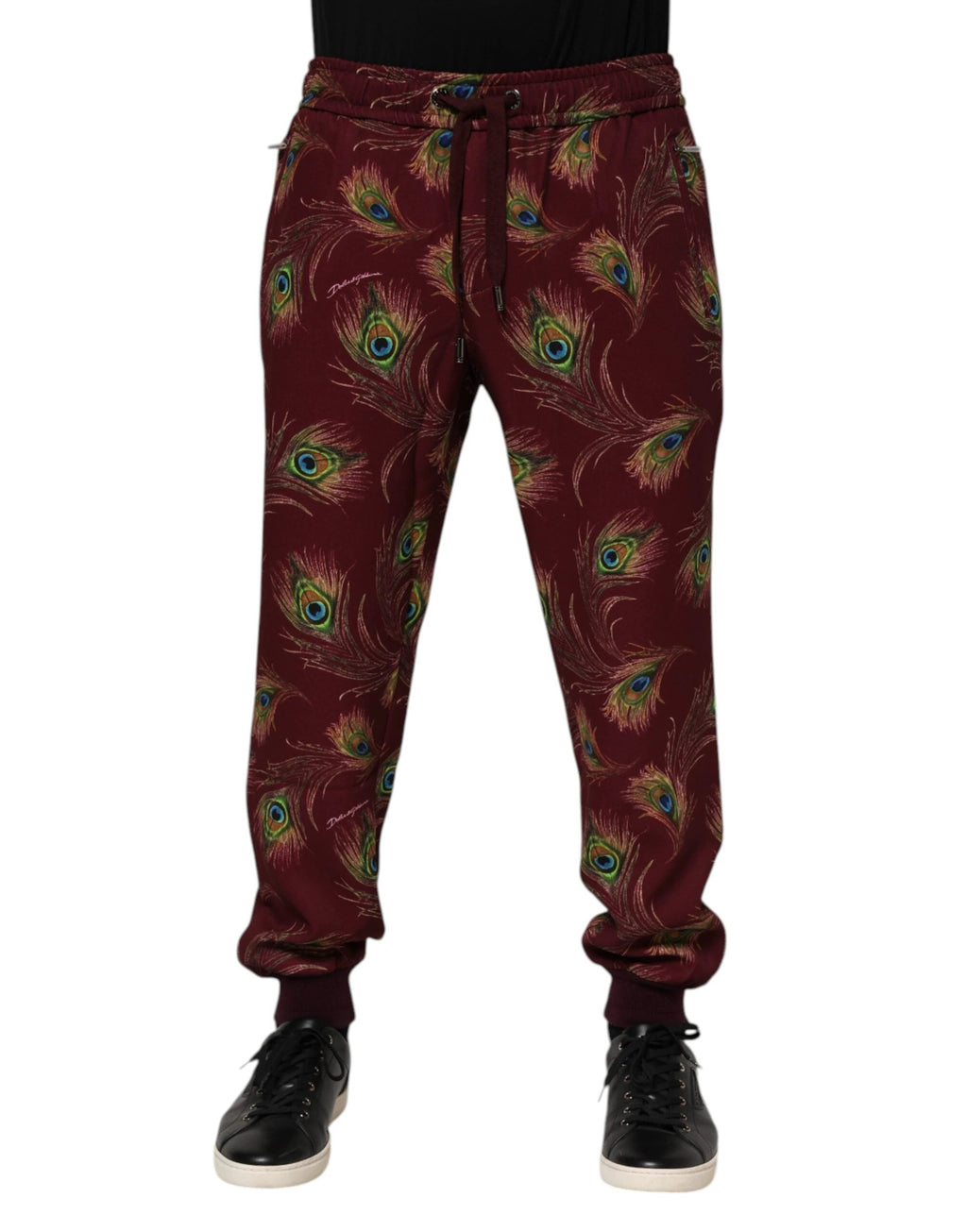 Dolce & Gabbana Burgundy Peacock Feather Print Jogger Pants by Dolce & Gabbana