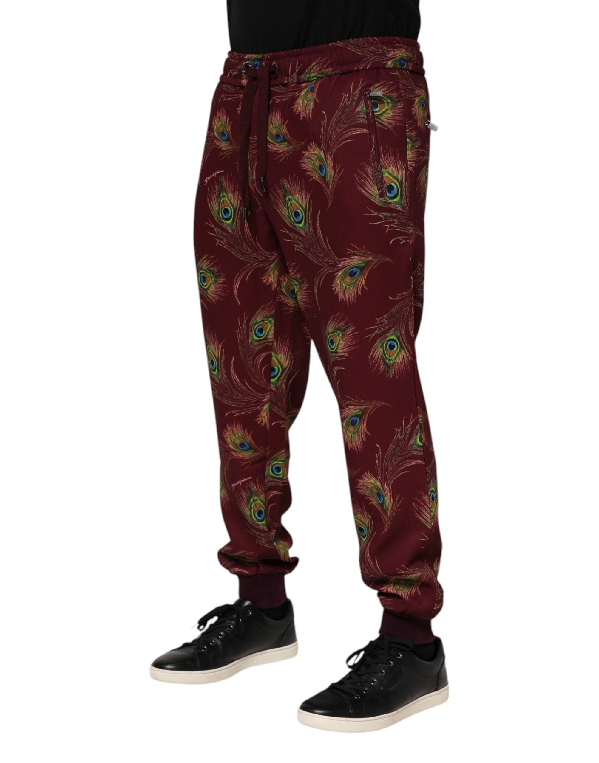 Dolce & Gabbana Burgundy Peacock Feather Print Jogger Pants by Dolce & Gabbana