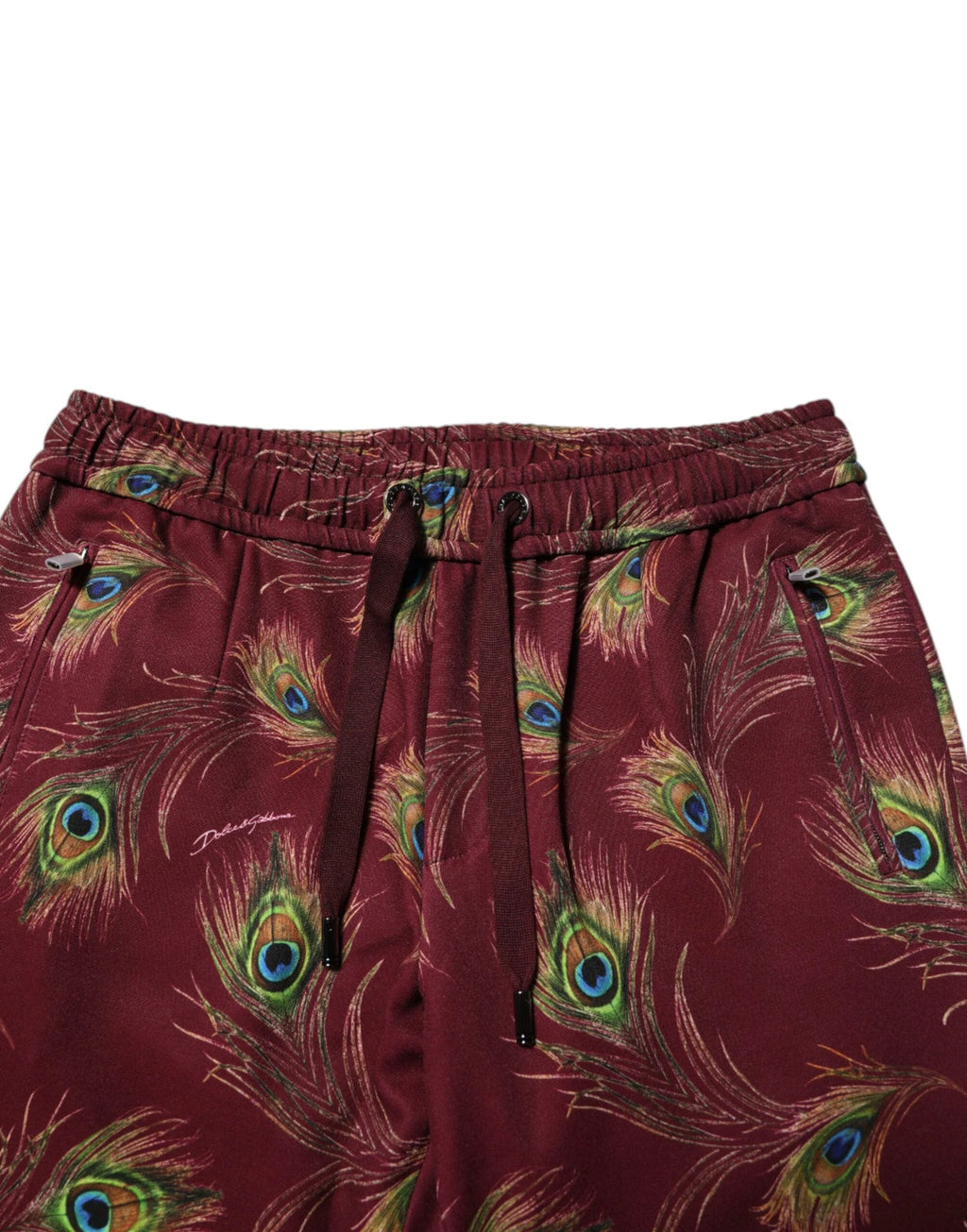 Dolce & Gabbana Burgundy Peacock Feather Print Jogger Pants by Dolce & Gabbana