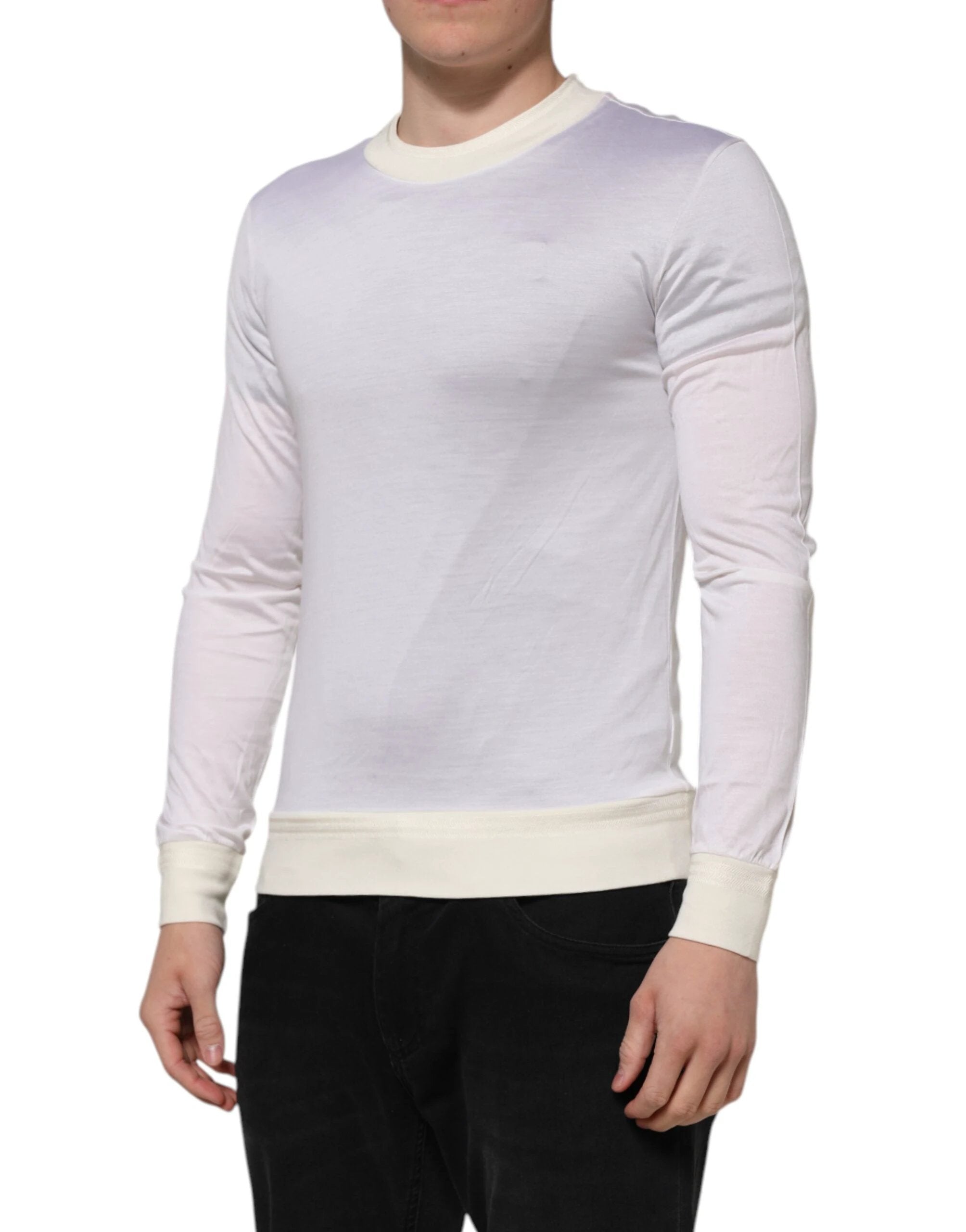 Dolce & Gabbana White Silk Crew Neck Long Sleeves T-shirt by Dolce & Gabbana