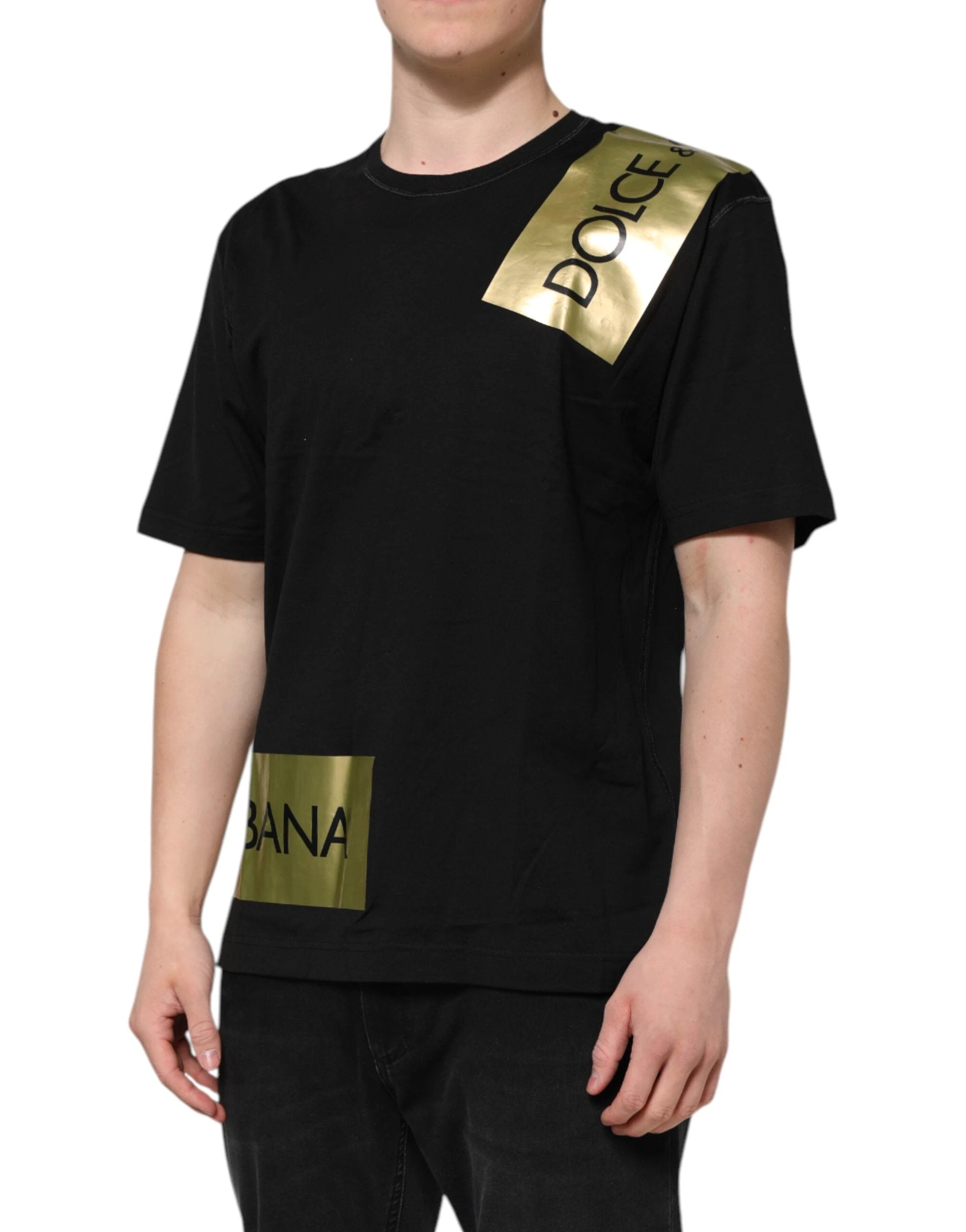 Dolce & Gabbana Black Logo Tape Cotton Men Crew Neck T-shirt by Dolce & Gabbana