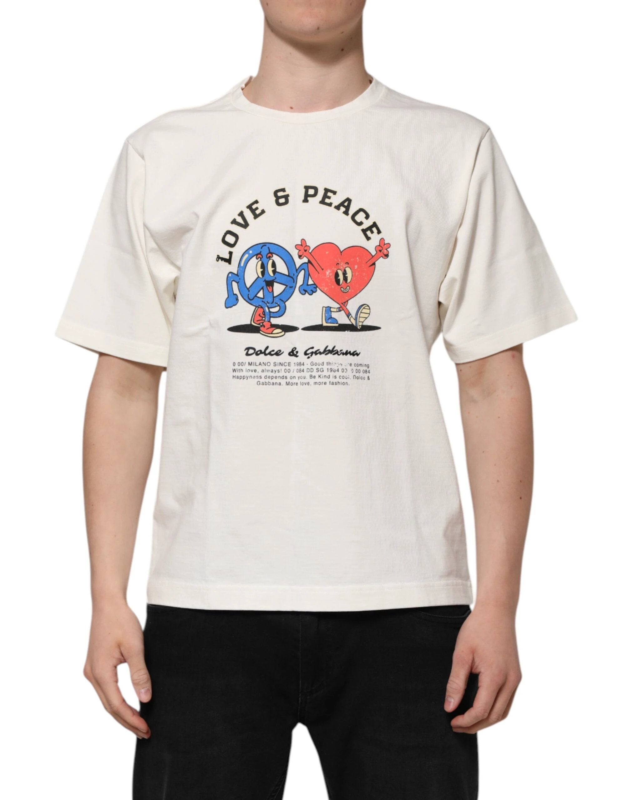 Dolce & Gabbana White Love Peace Cotton Men Crew Neck T-shirt by Dolce & Gabbana