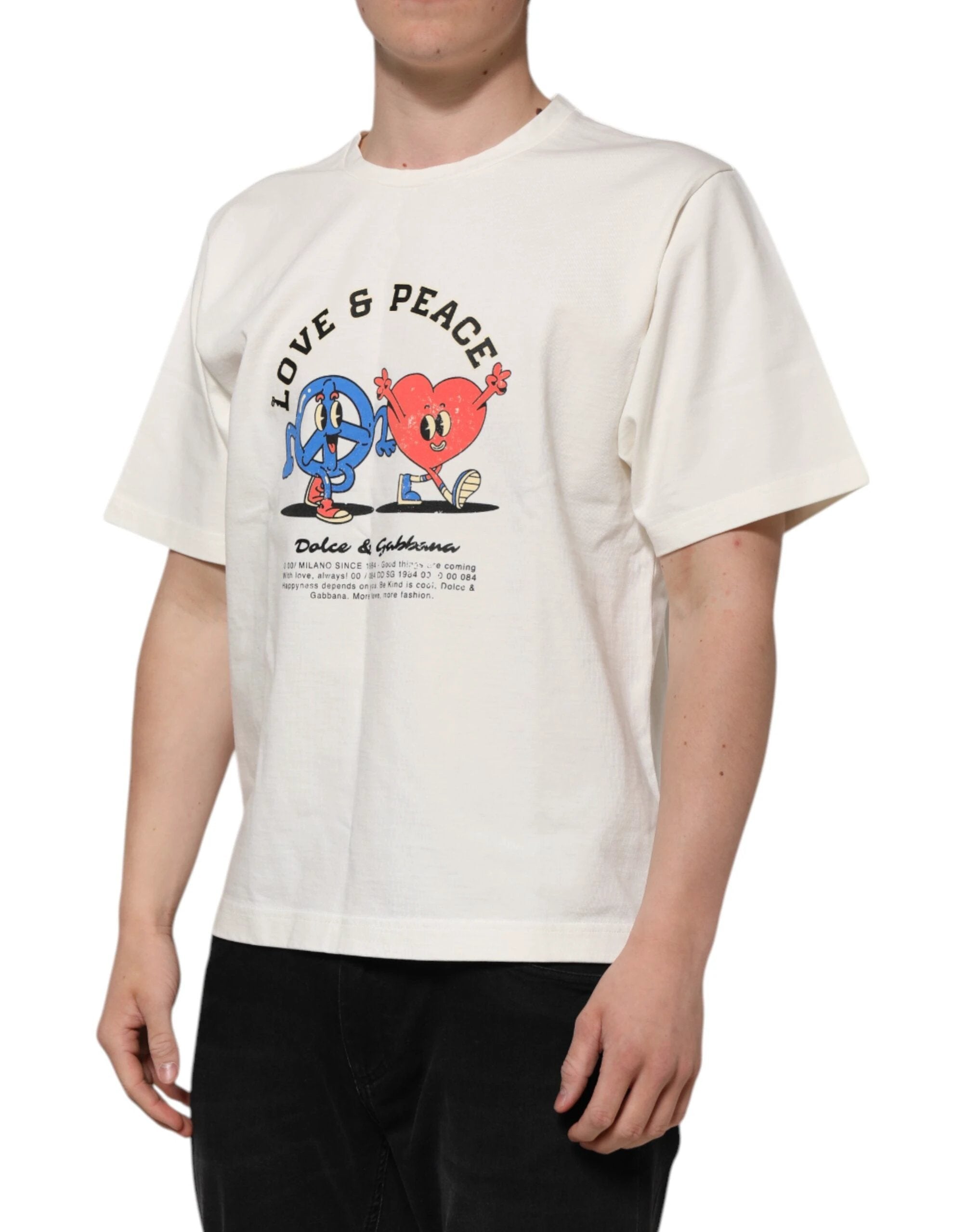 Dolce & Gabbana White Love Peace Cotton Men Crew Neck T-shirt by Dolce & Gabbana