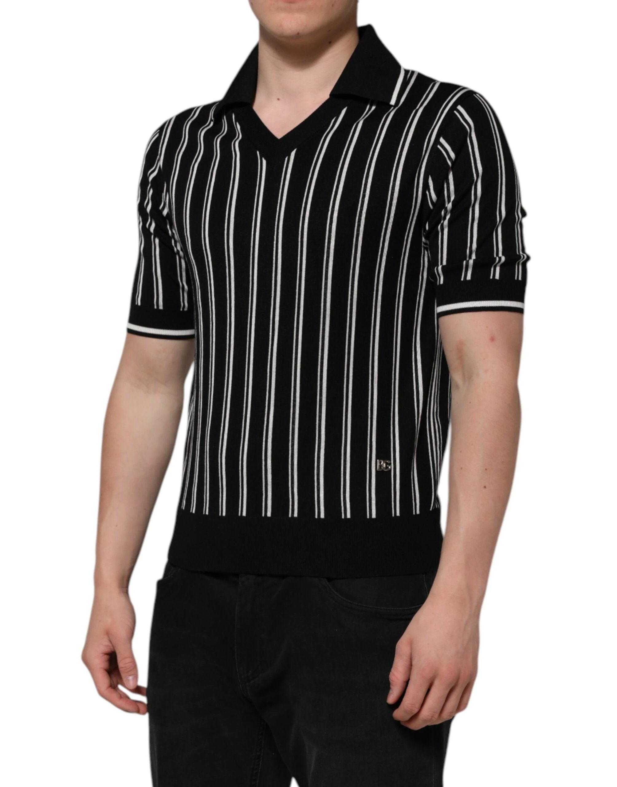 Dolce & Gabbana Black White Stripes Collared Polo T-shirt by Dolce & Gabbana