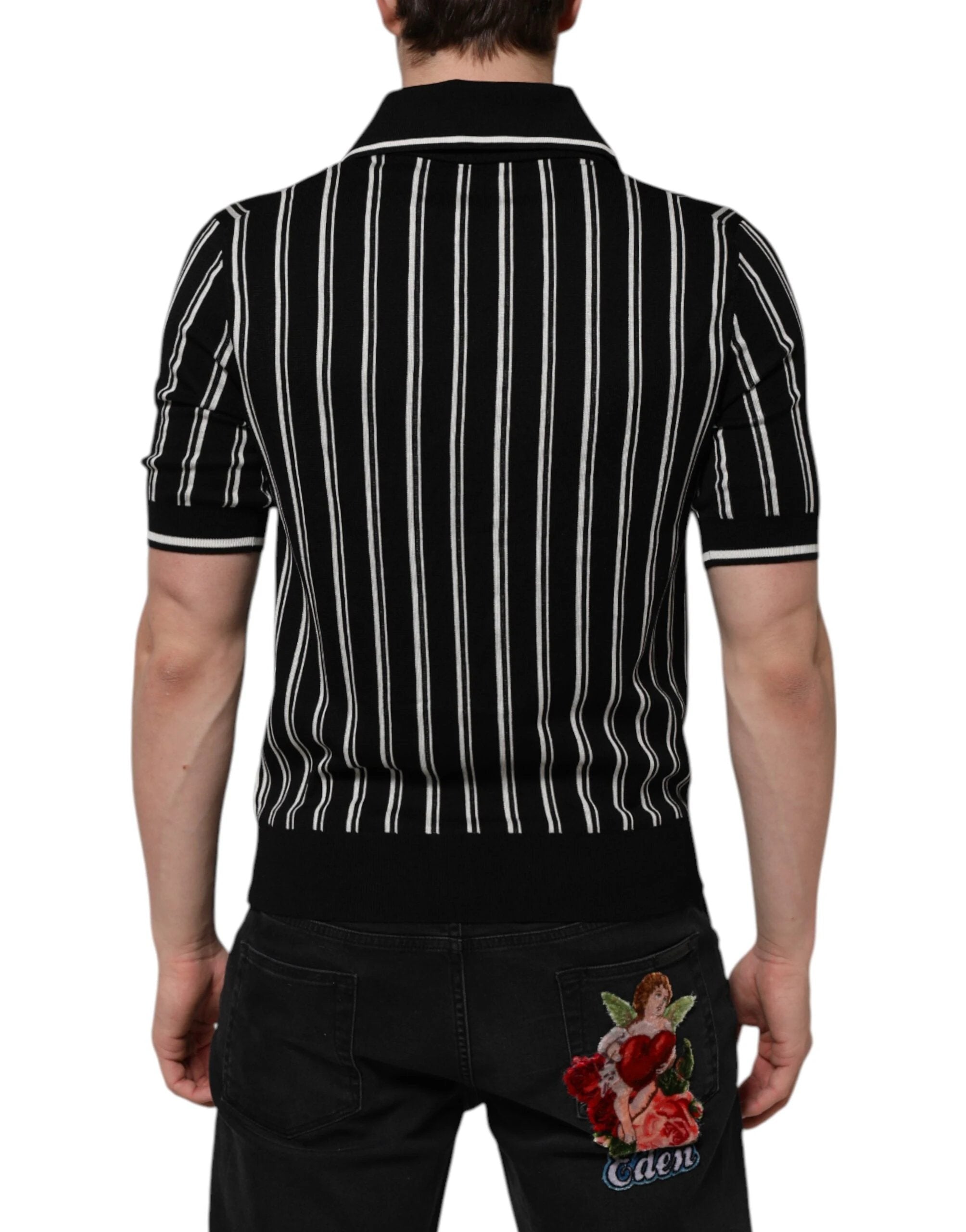 Dolce & Gabbana Black White Stripes Collared Polo T-shirt by Dolce & Gabbana
