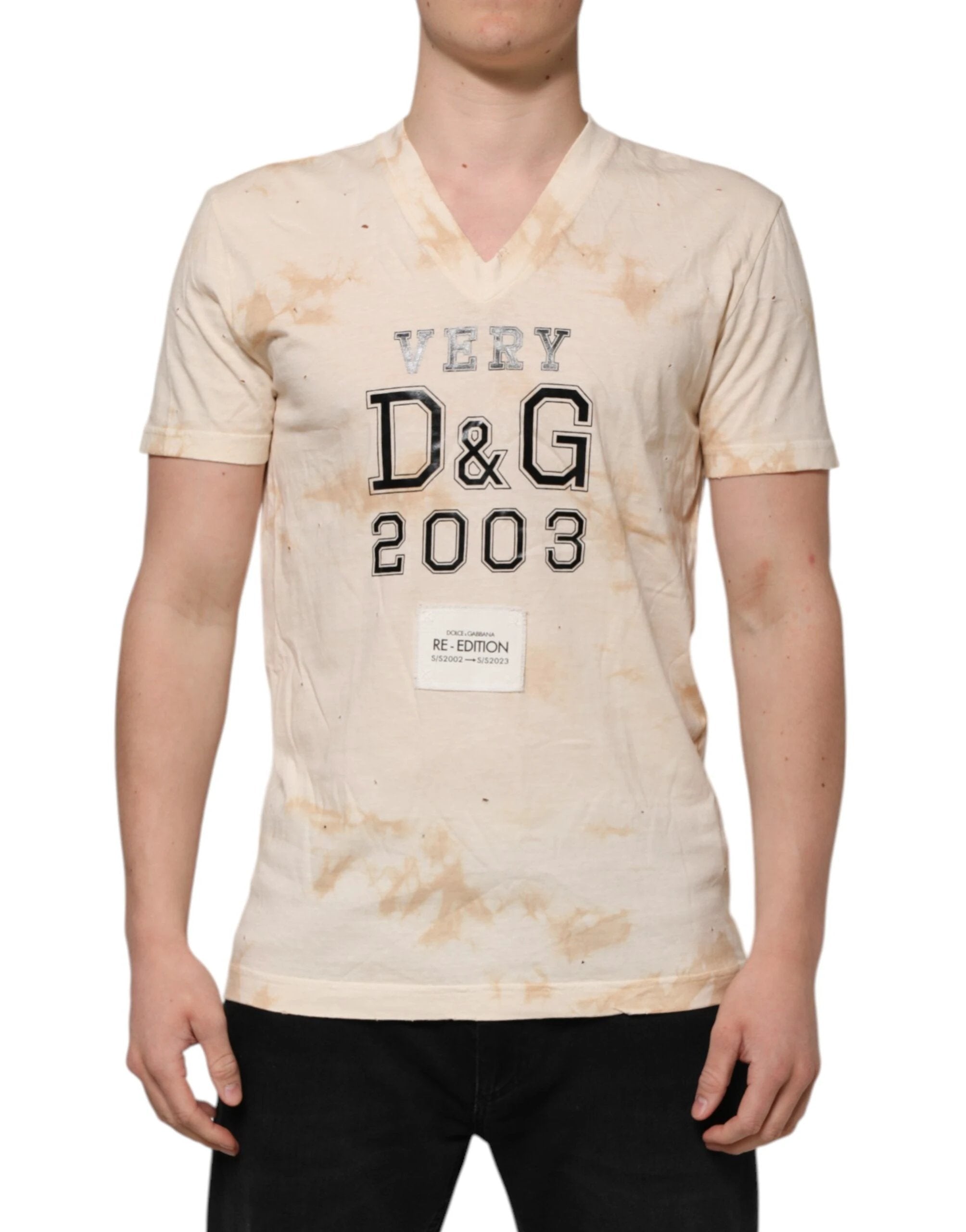 Dolce & Gabbana Beige Logo Print Short Sleeve V-neck T-shirt by Dolce & Gabbana