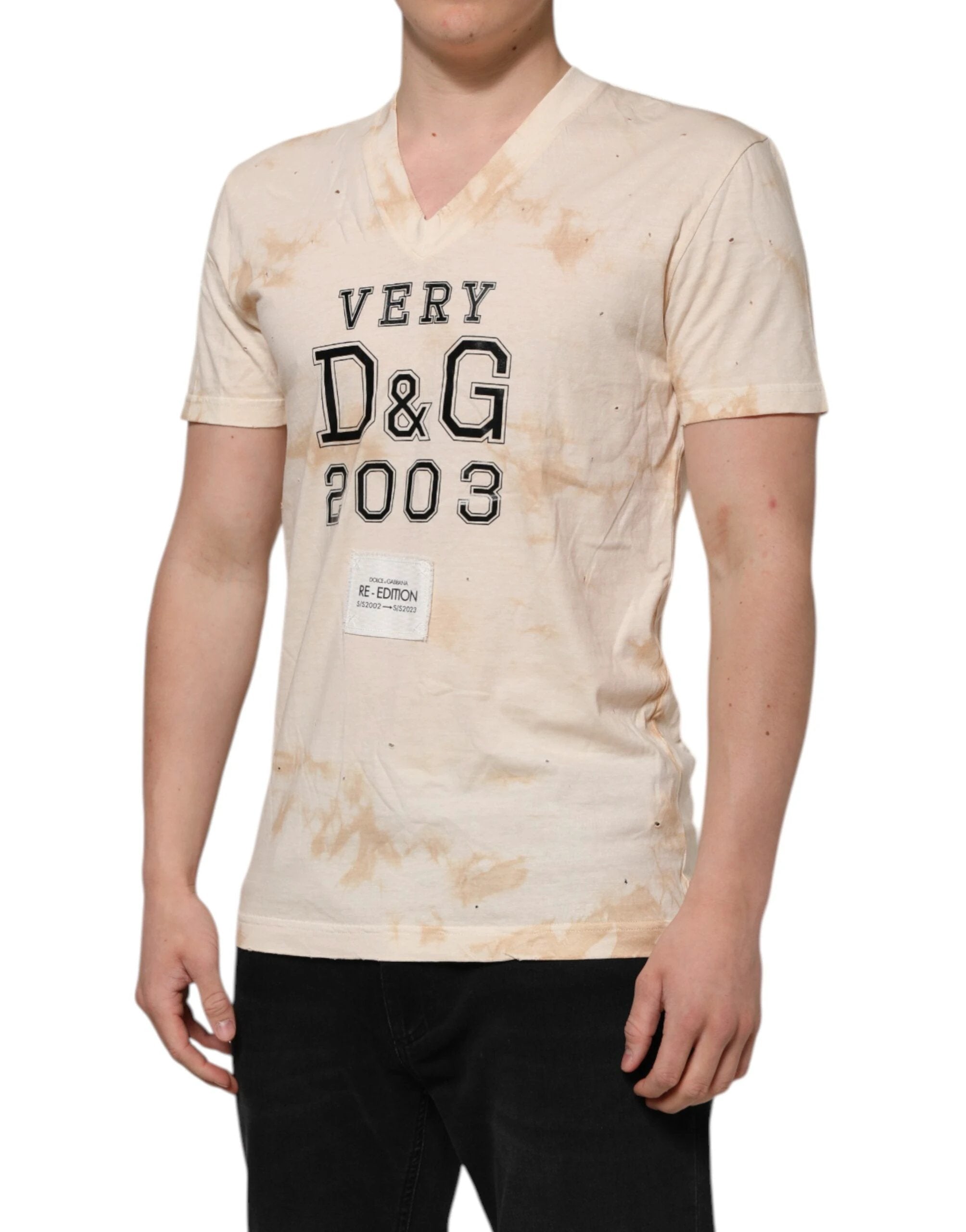 Dolce & Gabbana Beige Logo Print Short Sleeve V-neck T-shirt by Dolce & Gabbana