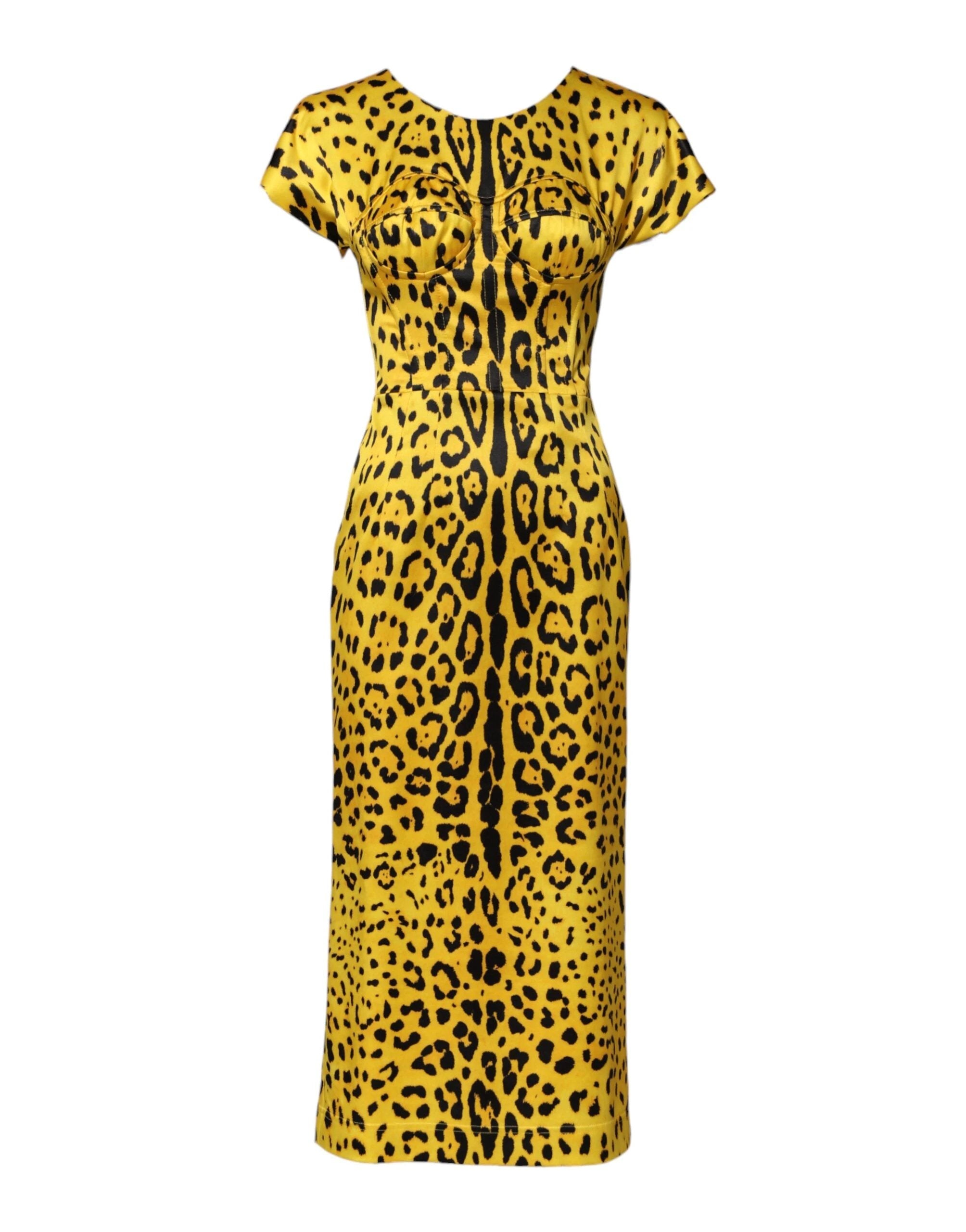 Dolce & Gabbana Yellow Polyester Leopard Midi Sheath Dress by Dolce & Gabbana