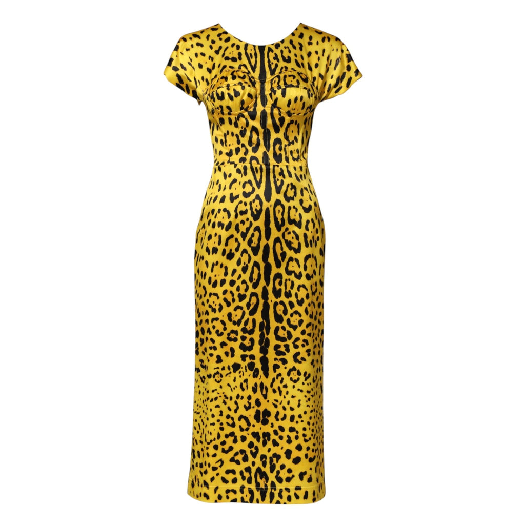 Dolce & Gabbana Yellow Polyester Leopard Midi Sheath Dress by Dolce & Gabbana