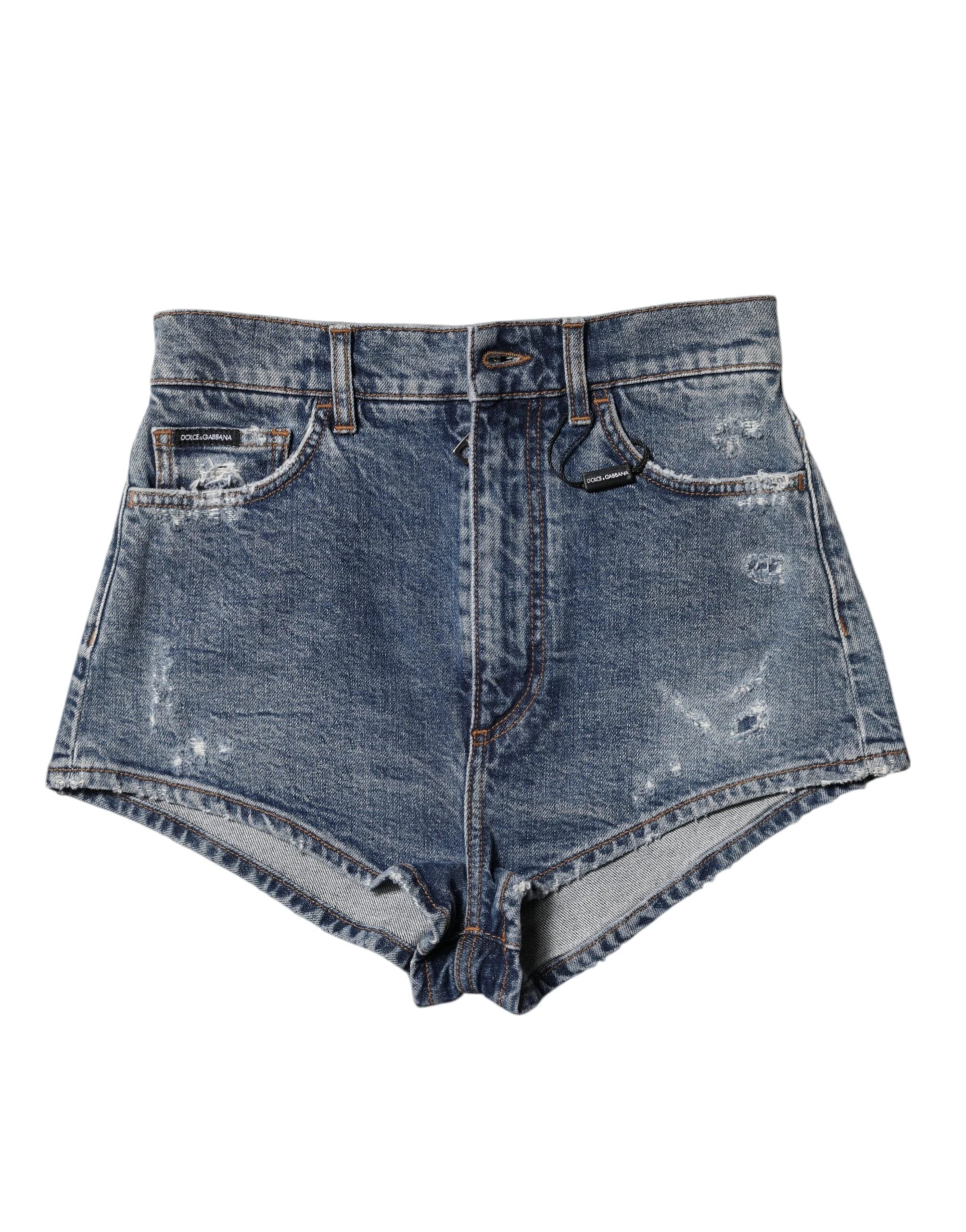 Dolce & Gabbana Blue Tattered Denim Cotton Hot Pants Shorts by Dolce & Gabbana