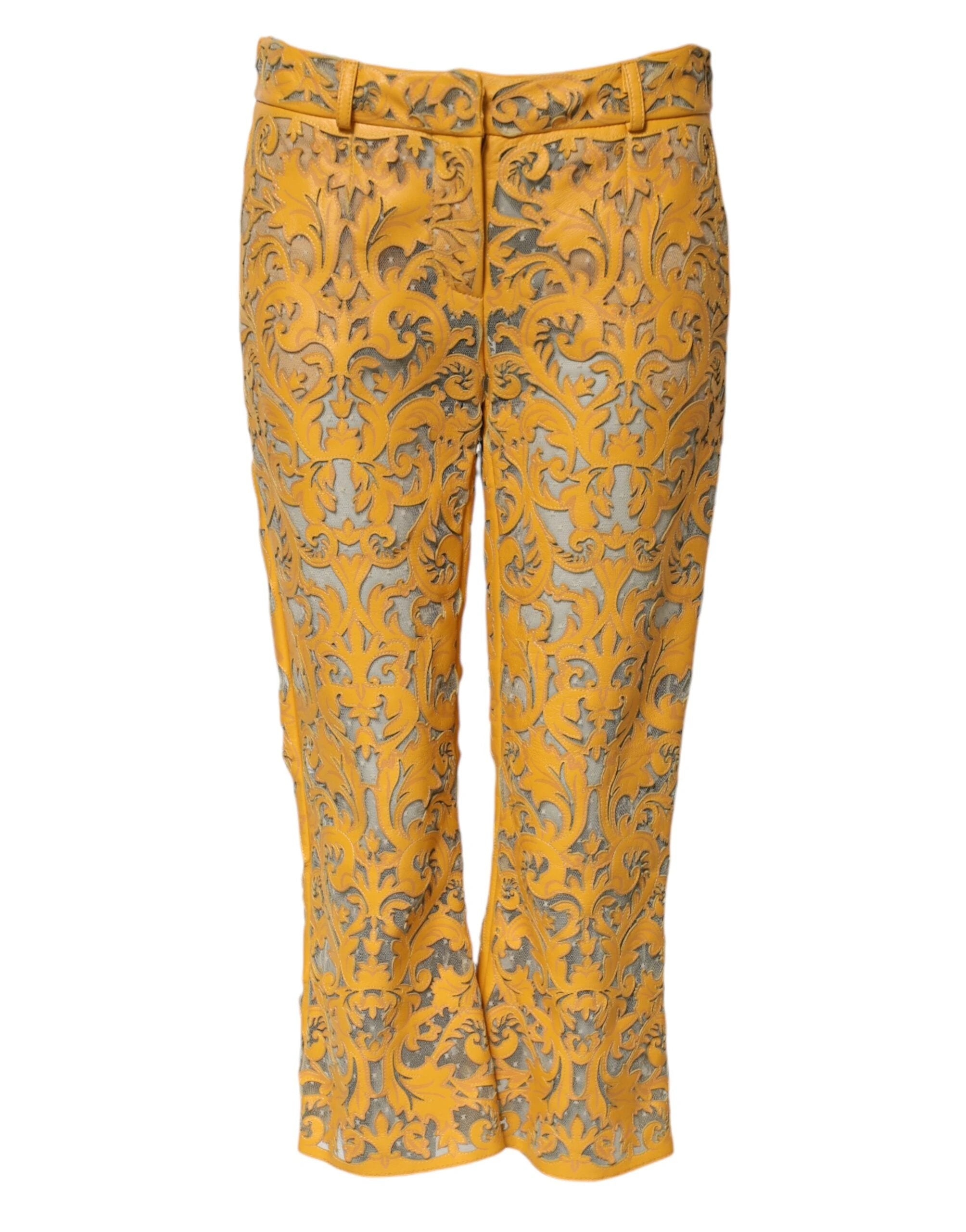 Dolce & Gabbana Yellow Floral Lace Mid Waist Capri Pants by Dolce & Gabbana