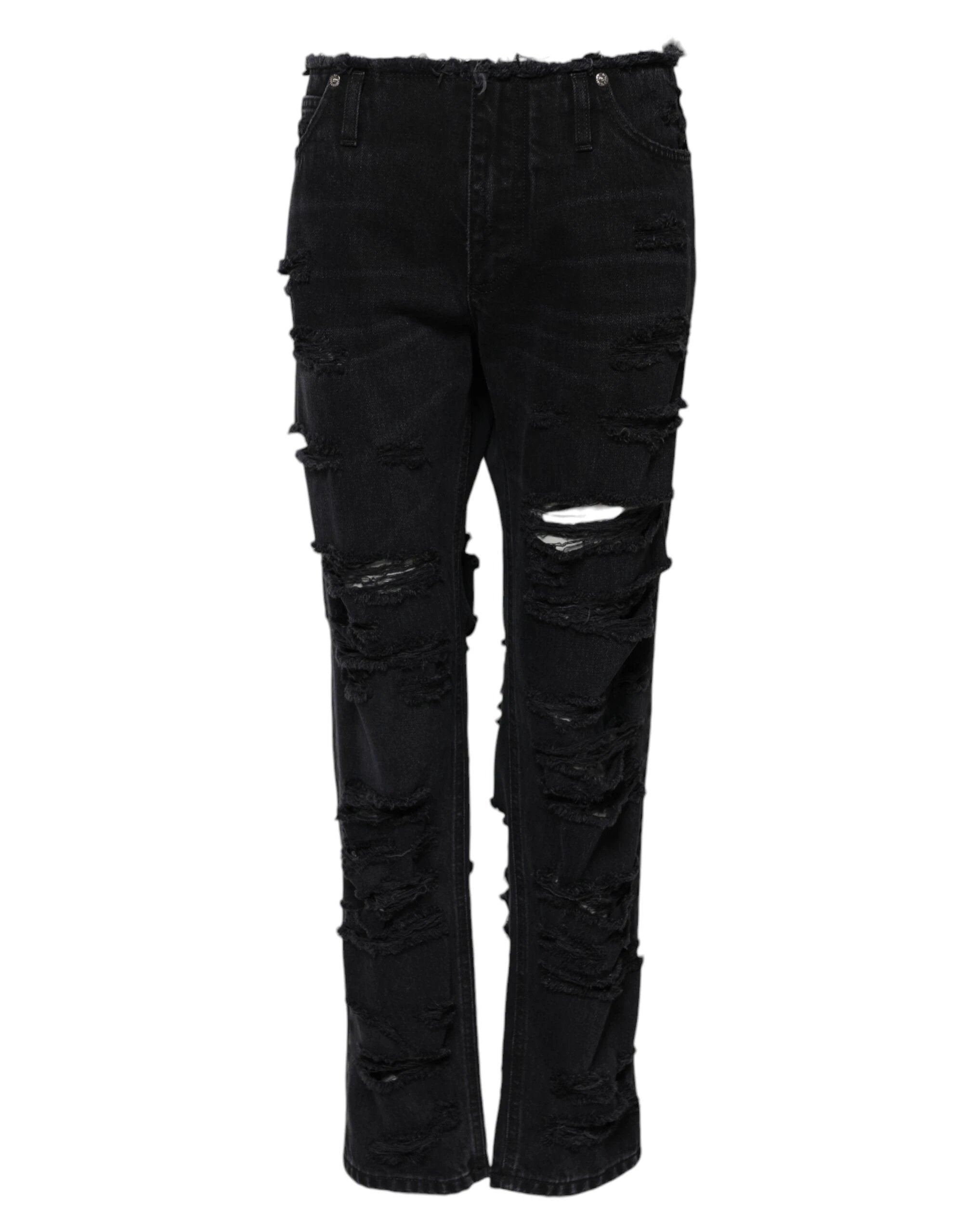 Dolce & Gabbana Black Cotton Tattered Mid Waist Denim Jeans by Dolce & Gabbana