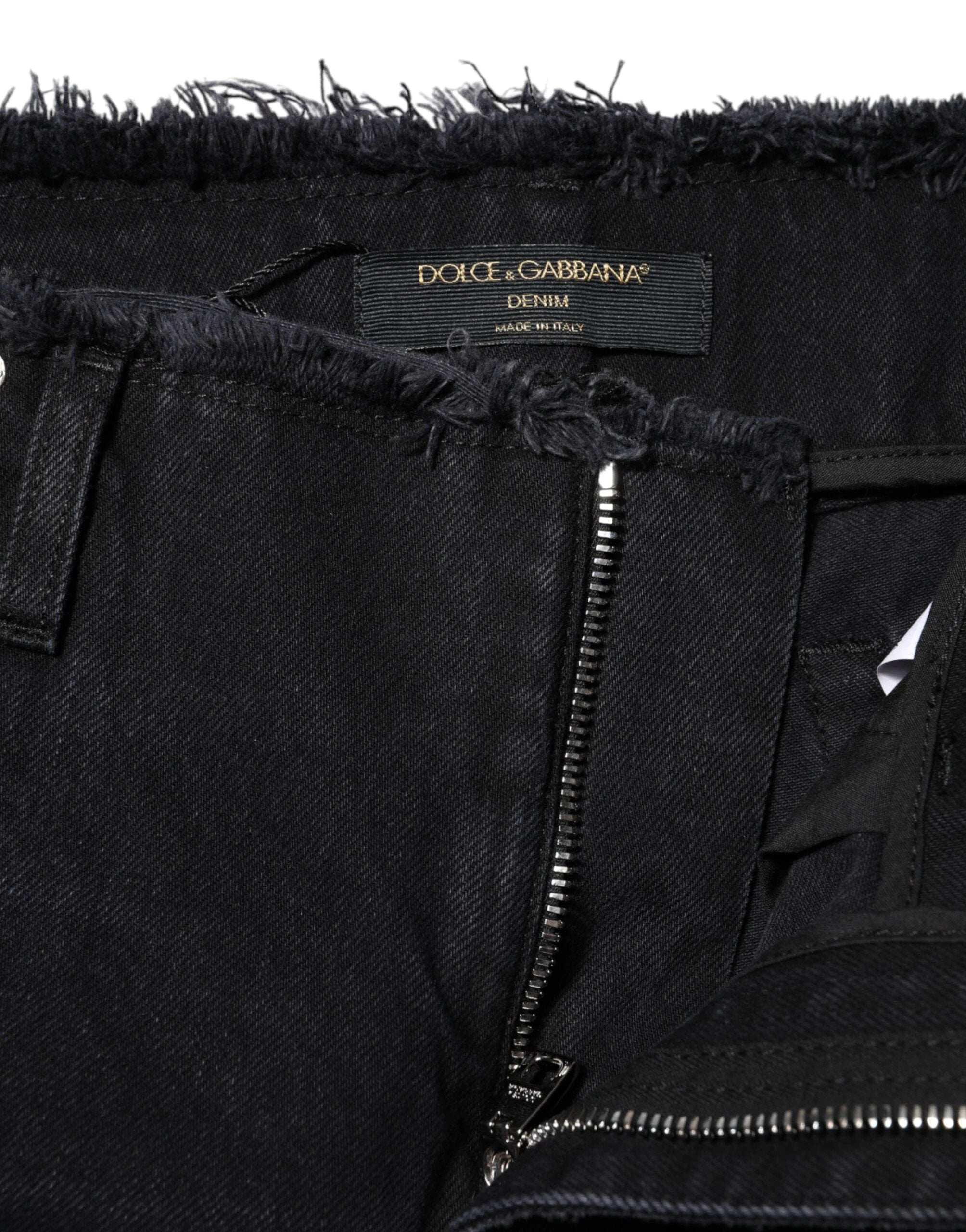 Dolce & Gabbana Black Cotton Tattered Mid Waist Denim Jeans by Dolce & Gabbana