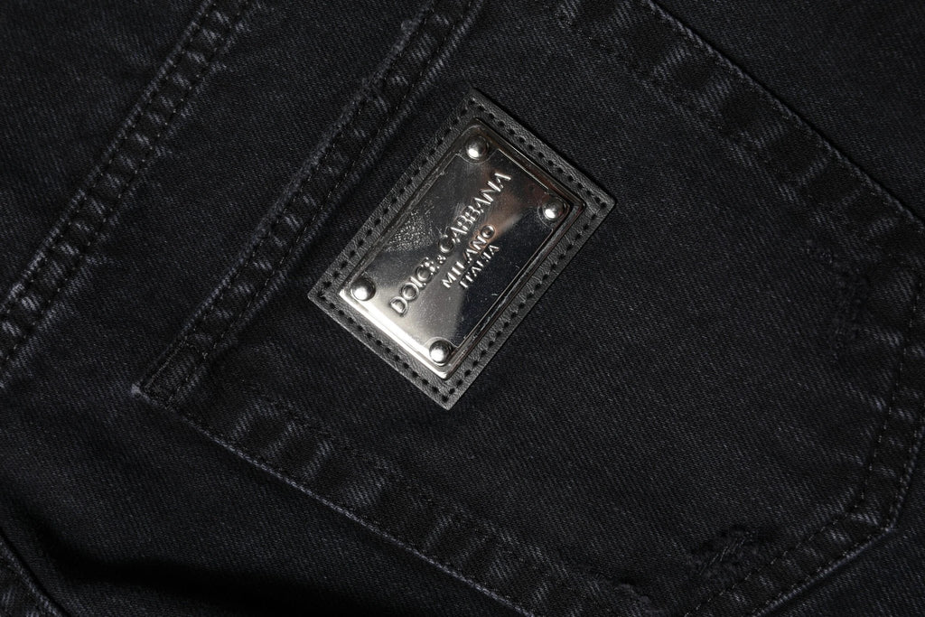 Dolce & Gabbana Black Cotton Tattered Mid Waist Denim Jeans by Dolce & Gabbana