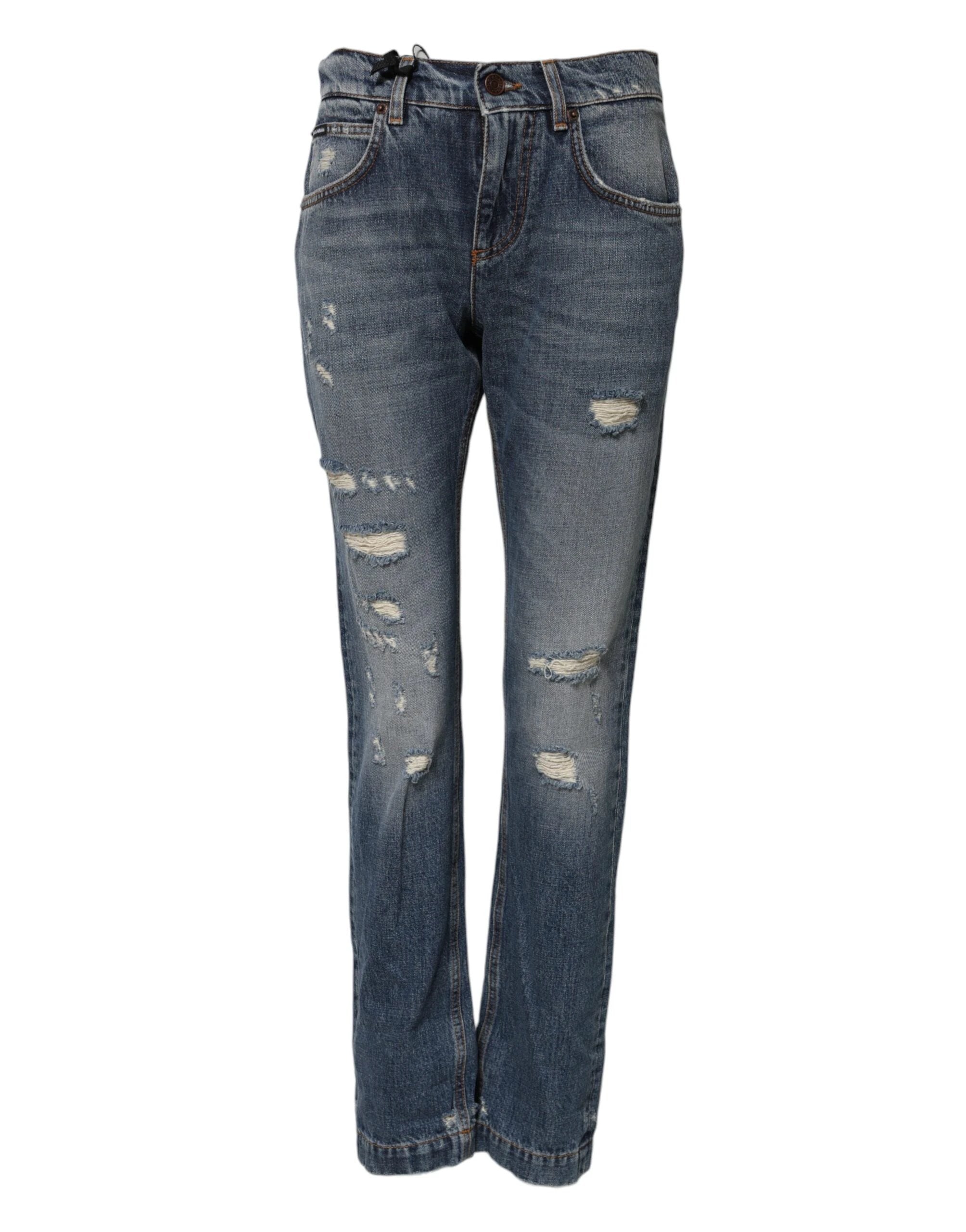 Dolce & Gabbana Blue Cotton Boyfriend Tattered Denim Jeans by Dolce & Gabbana