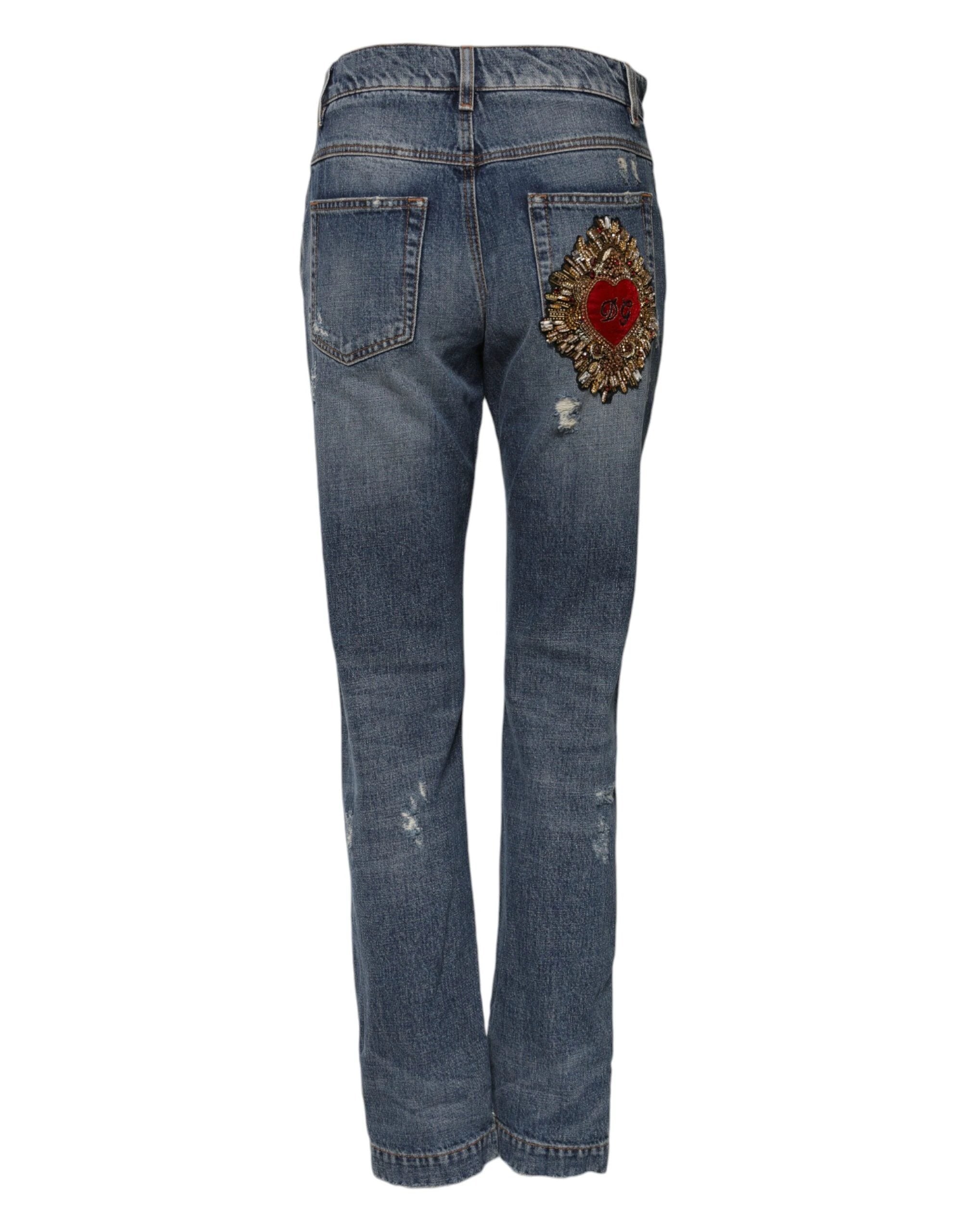 Dolce & Gabbana Blue Cotton Boyfriend Tattered Denim Jeans by Dolce & Gabbana