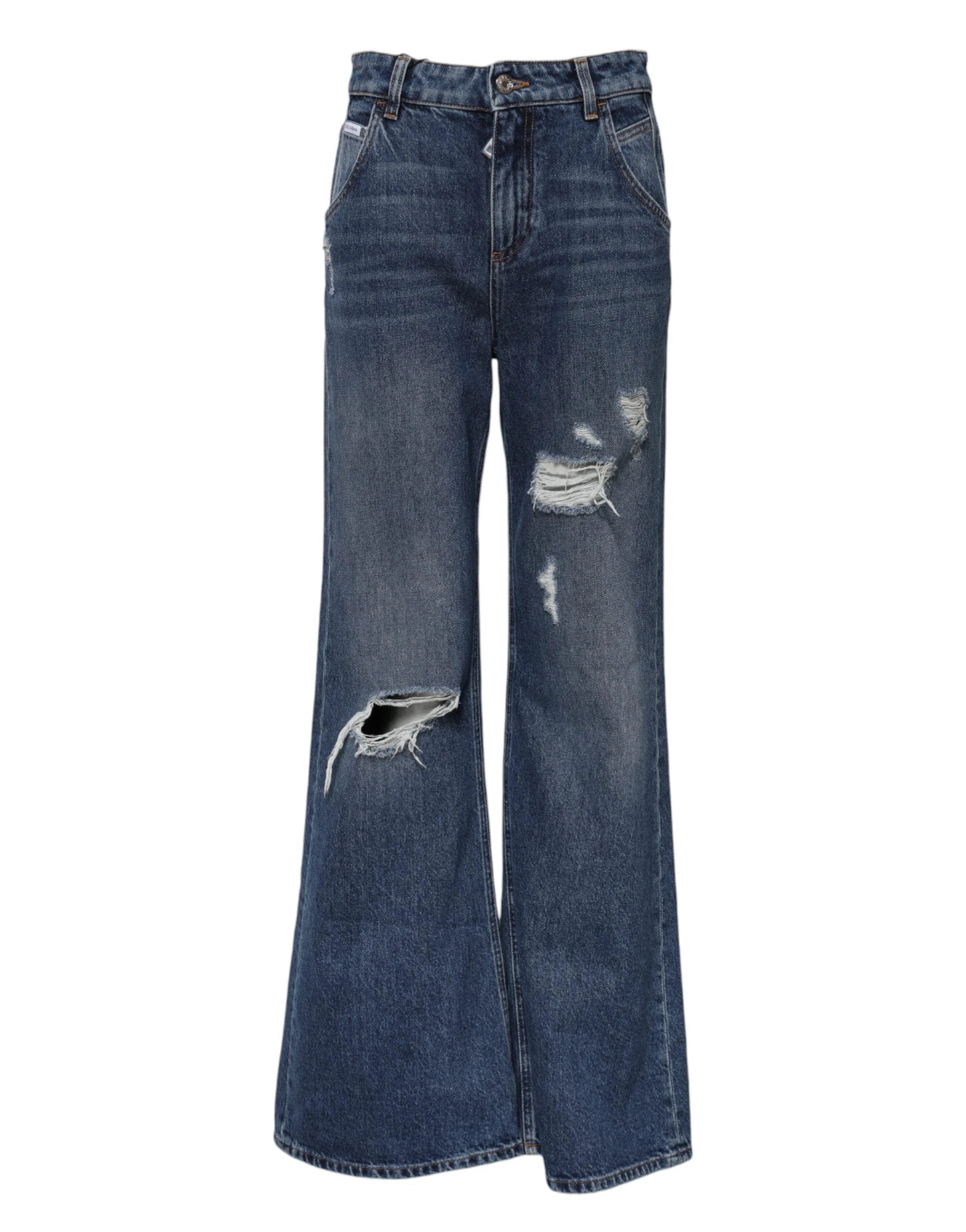 Dolce & Gabbana Blue Cotton Wide Leg Tattered Denim Jeans by Dolce & Gabbana