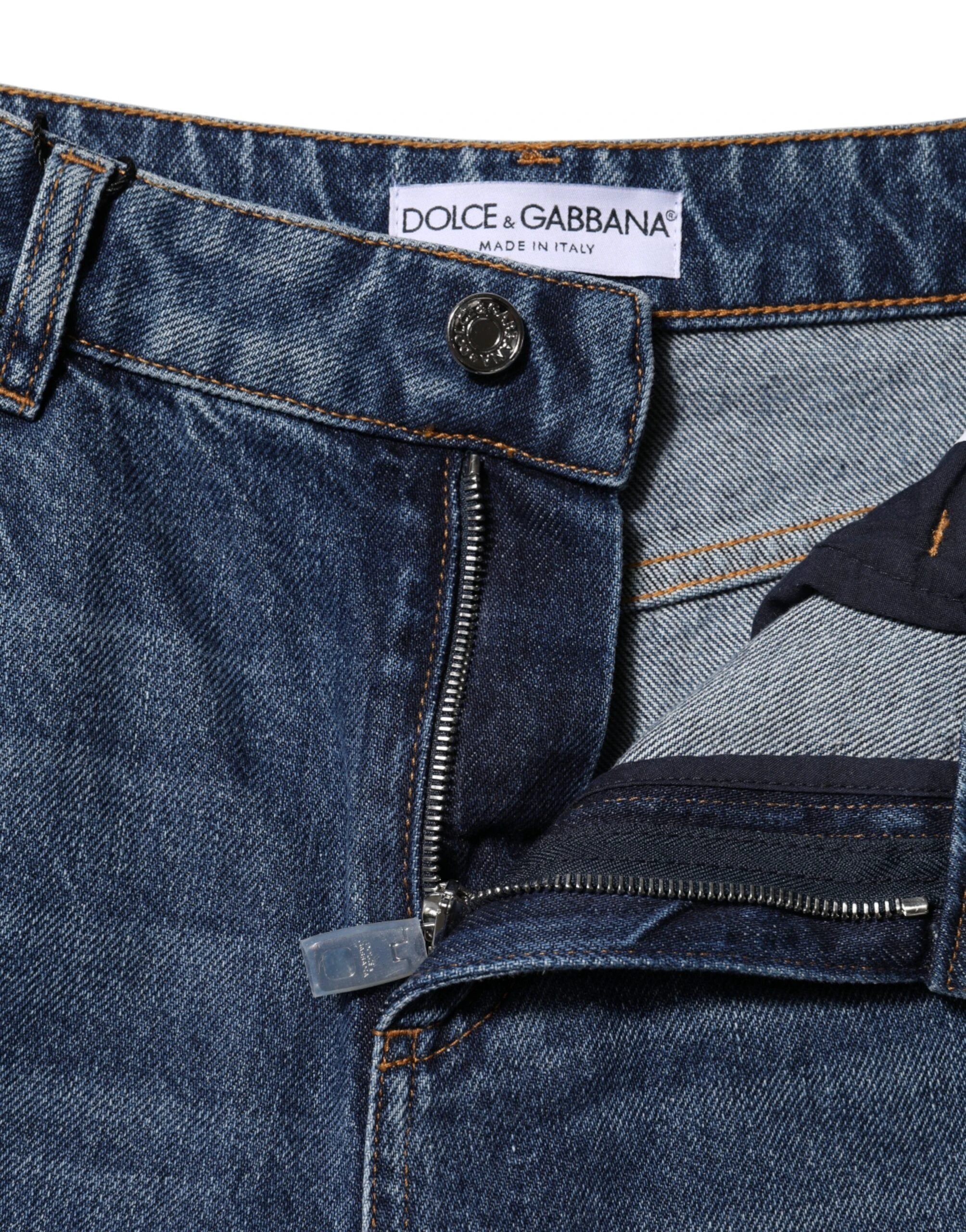 Dolce & Gabbana Blue Cotton Wide Leg Tattered Denim Jeans by Dolce & Gabbana