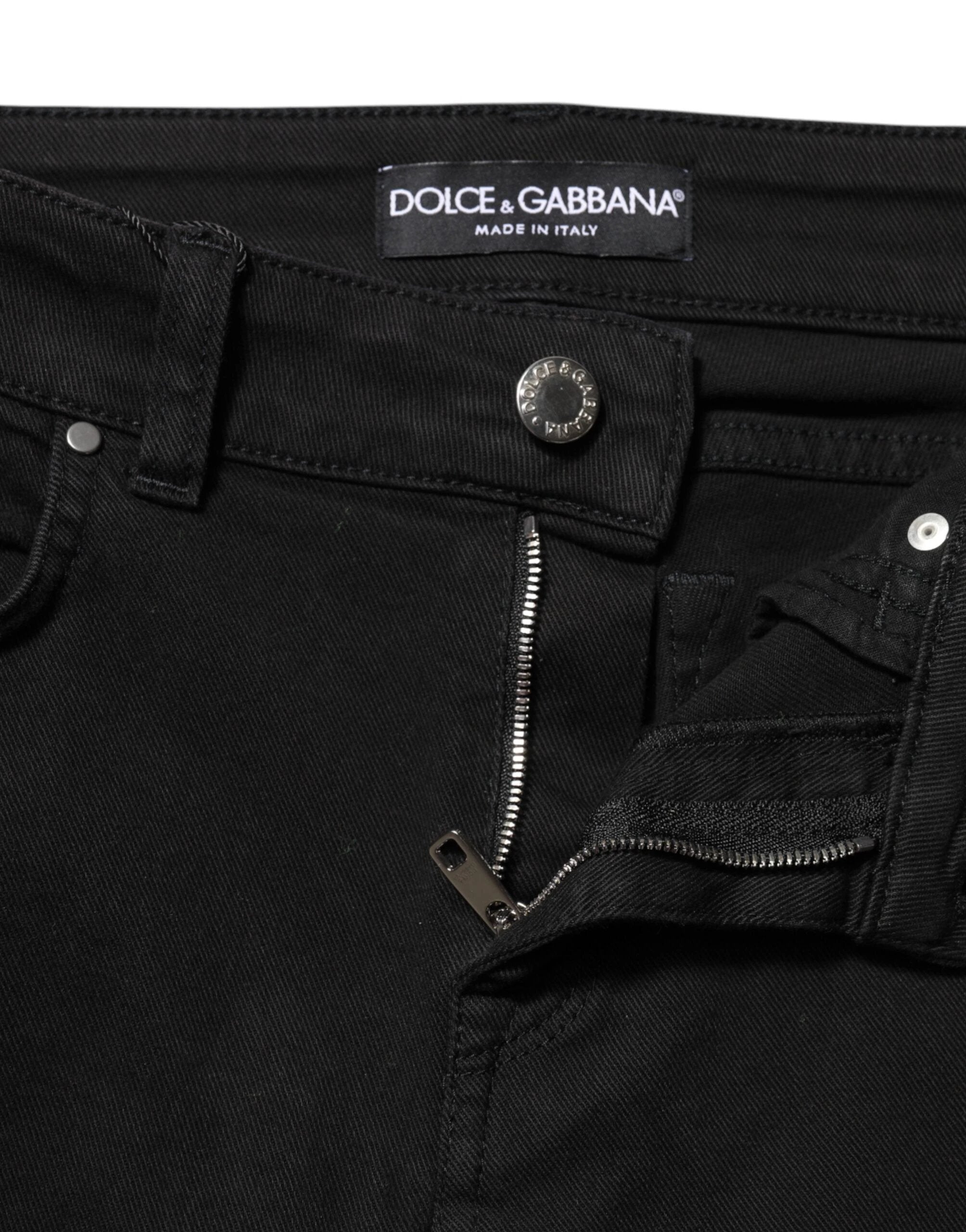 Dolce & Gabbana Black Cotton Logo Skinny Mid Waist Denim Jeans by Dolce & Gabbana