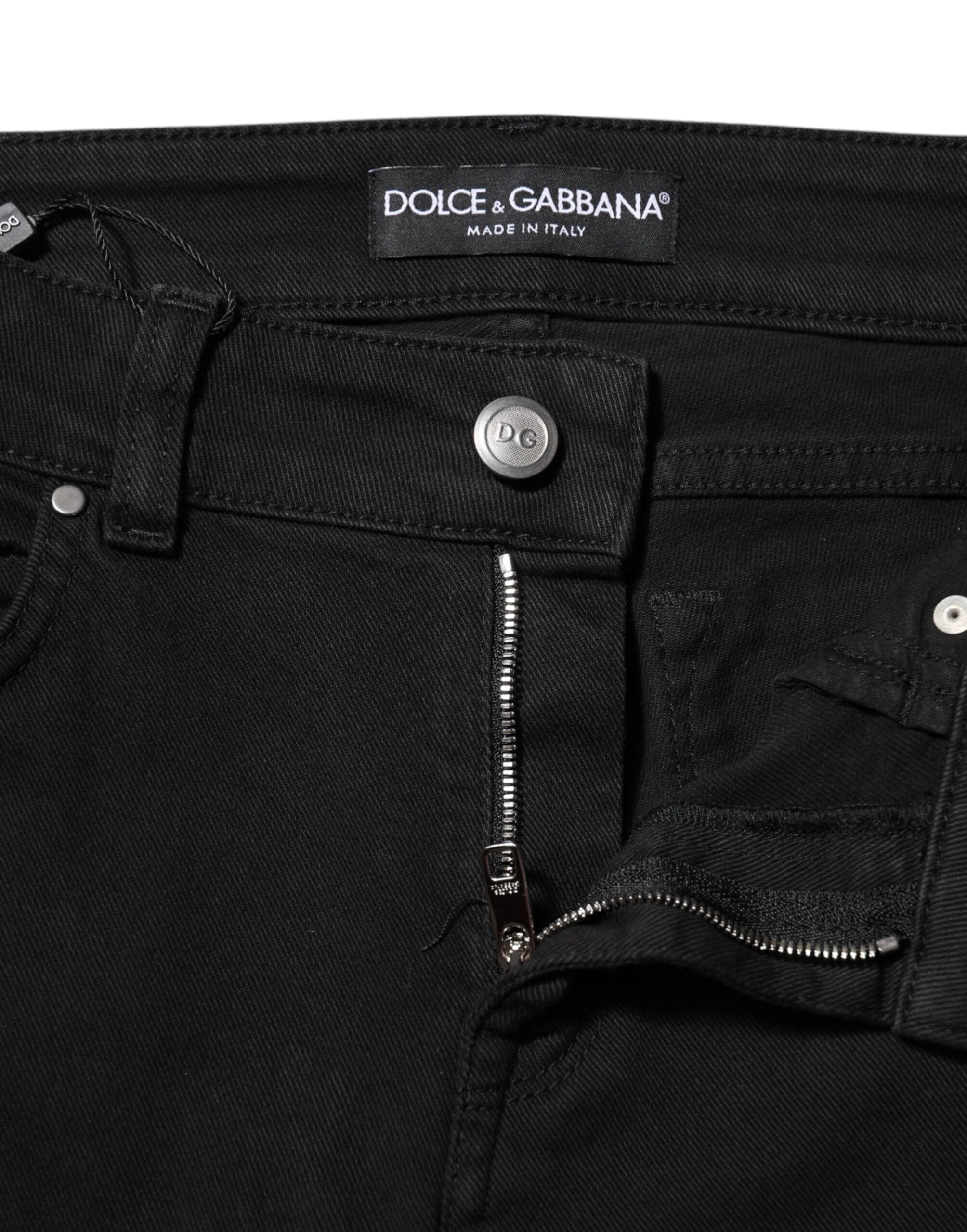Dolce & Gabbana Black Cotton Logo Skinny Mid Waist Denim Jeans by Dolce & Gabbana