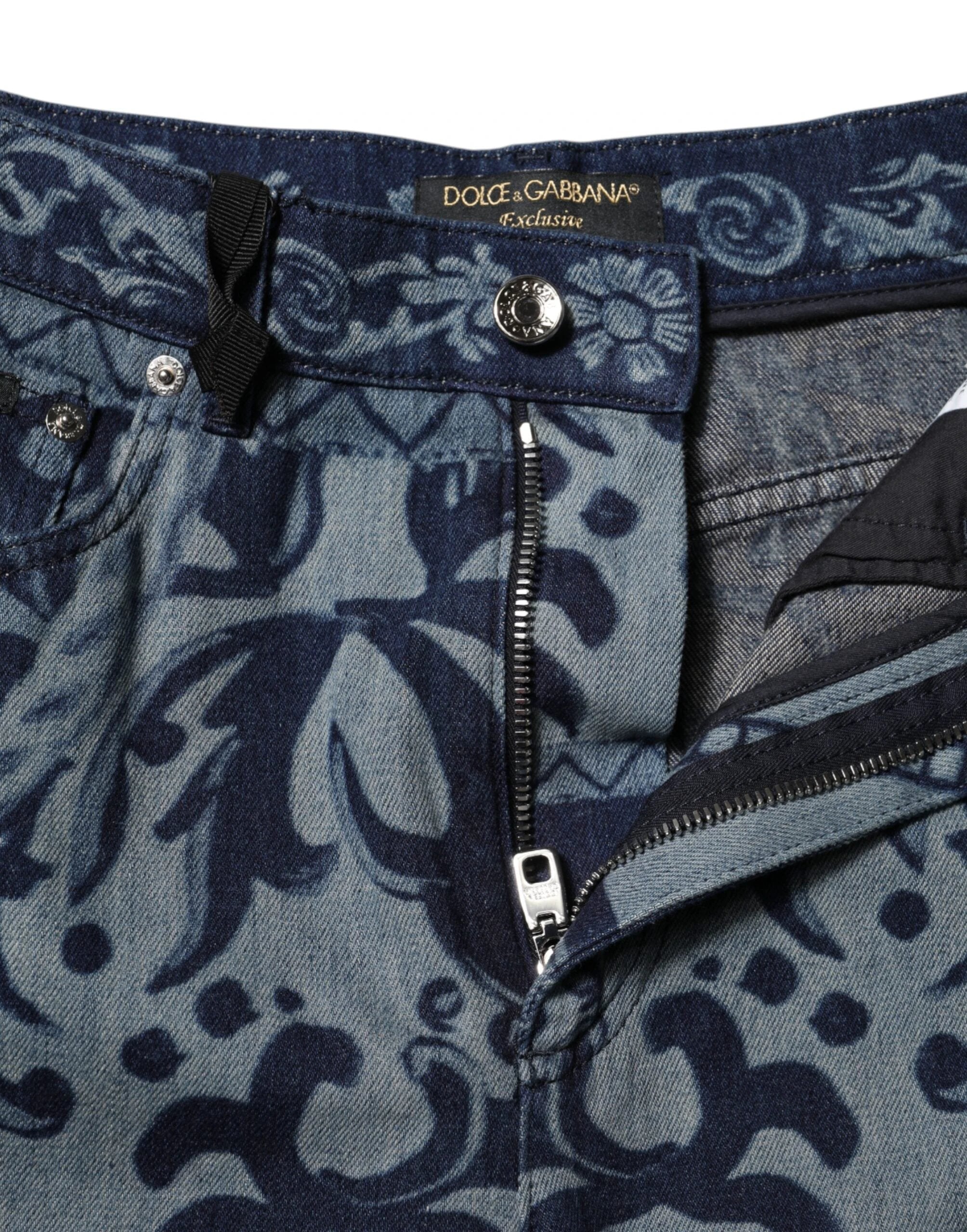 Dolce & Gabbana Blue Graphic Print Tapered Denim Jeans by Dolce & Gabbana