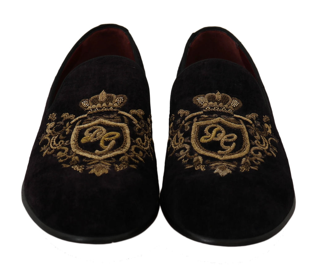 Dolce & Gabbana Loafers Black Velvet Gold Crown by Dolce & Gabbana