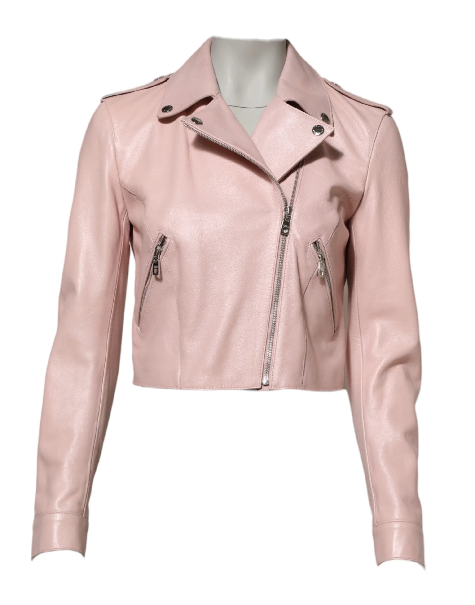 Dolce & Gabbana Light Pink Collar Leather Women Biker Jacket by Dolce & Gabbana