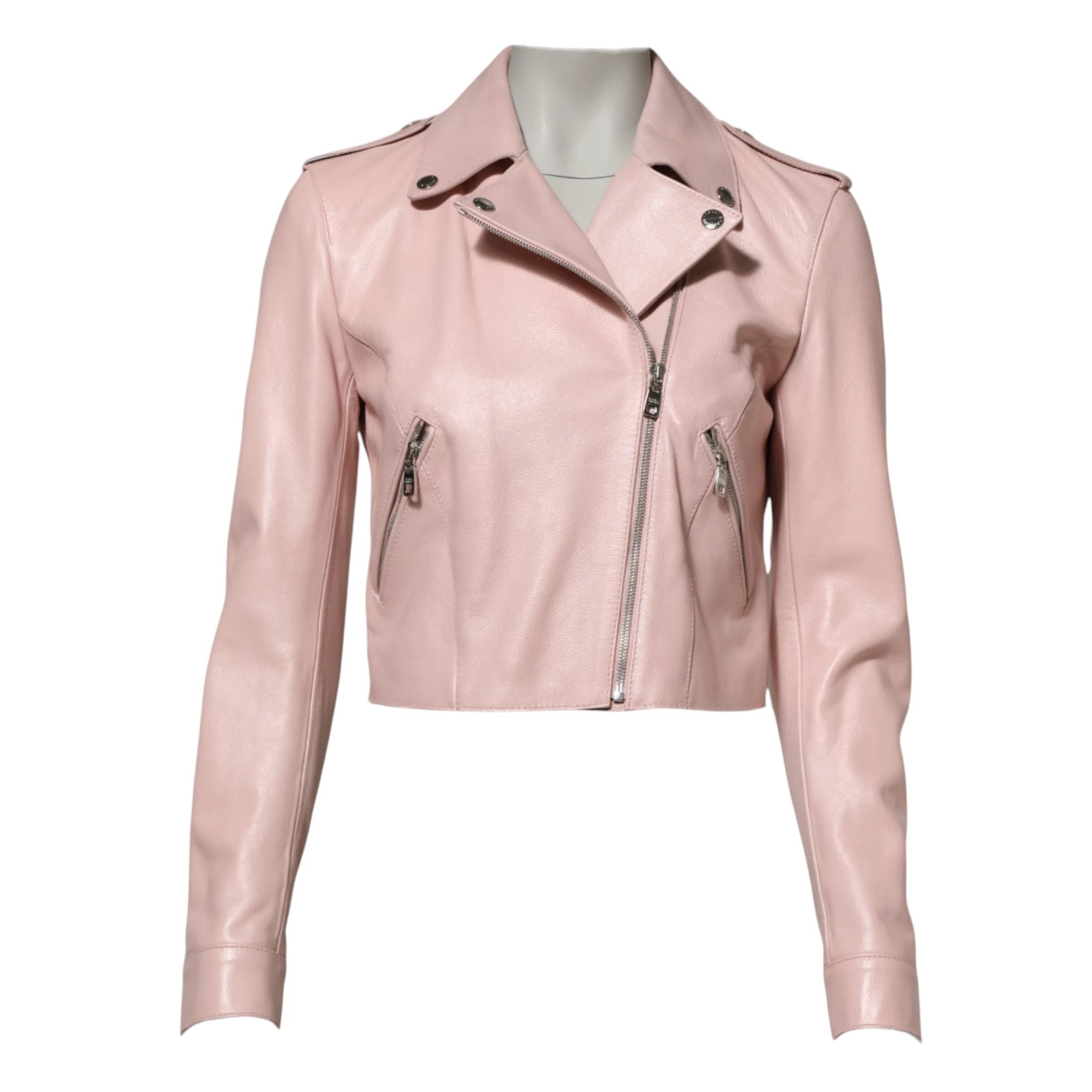Dolce & Gabbana Light Pink Collar Leather Women Biker Jacket by Dolce & Gabbana