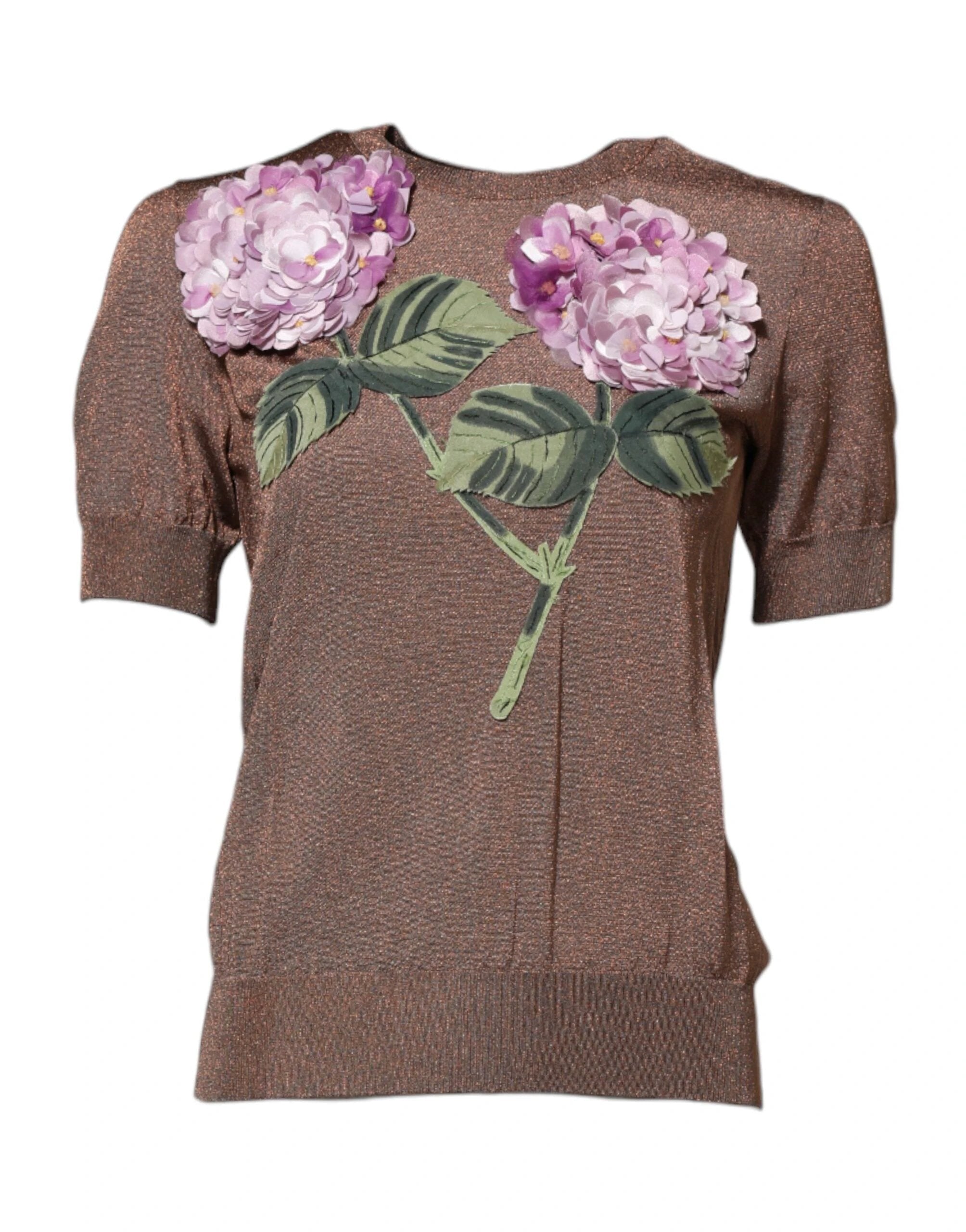 Dolce & Gabbana Brown Lily Embellished Round Neck Blouse Top by Dolce & Gabbana