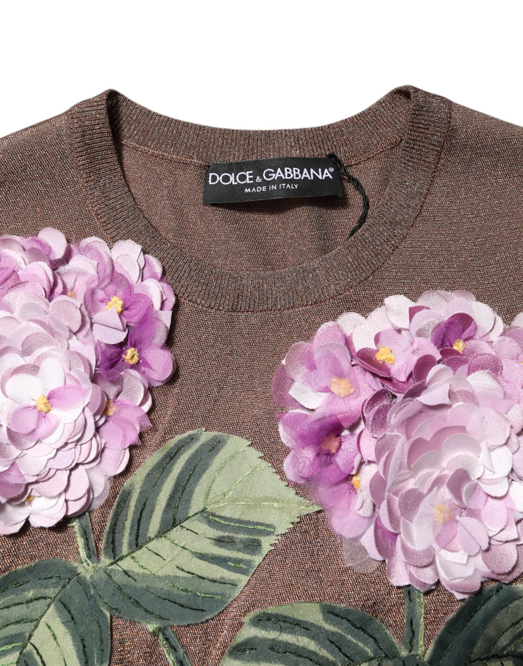 Dolce & Gabbana Brown Lily Embellished Round Neck Blouse Top by Dolce & Gabbana
