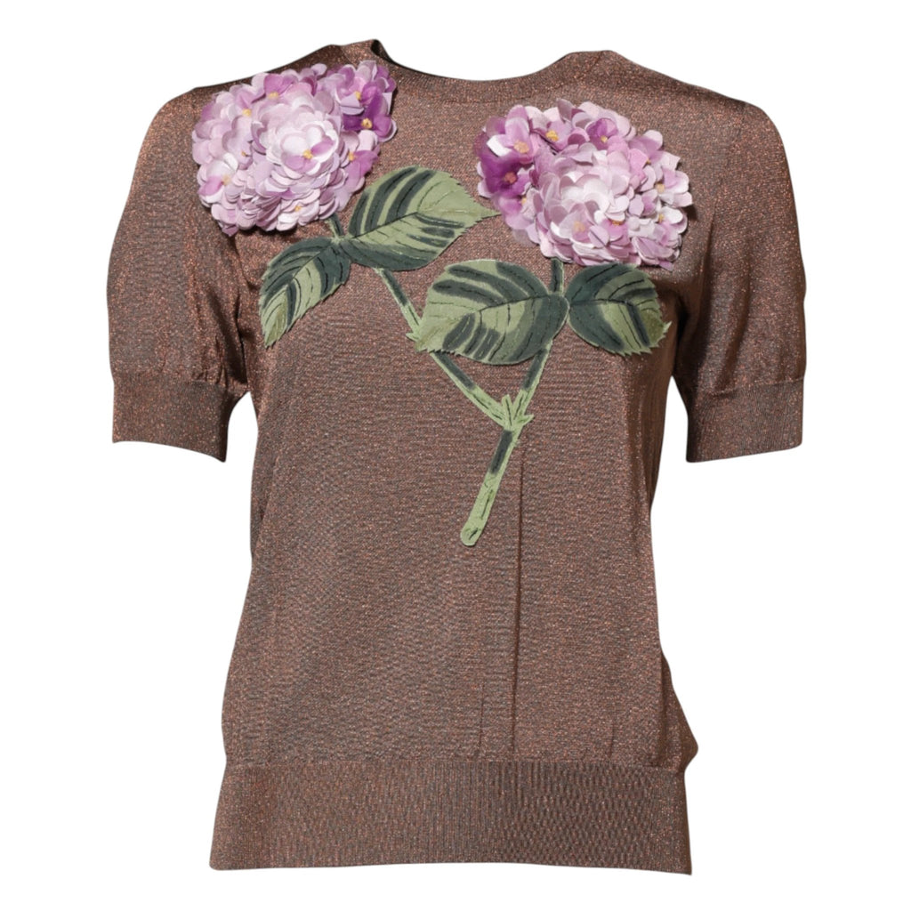 Dolce & Gabbana Brown Lily Embellished Round Neck Blouse Top by Dolce & Gabbana