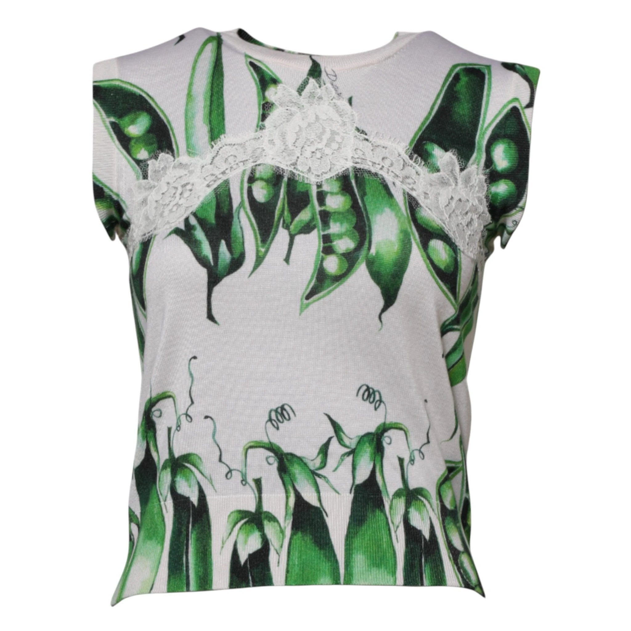 Dolce & Gabbana White Green Pea Print Sleeveless Blouse Top by Dolce & Gabbana