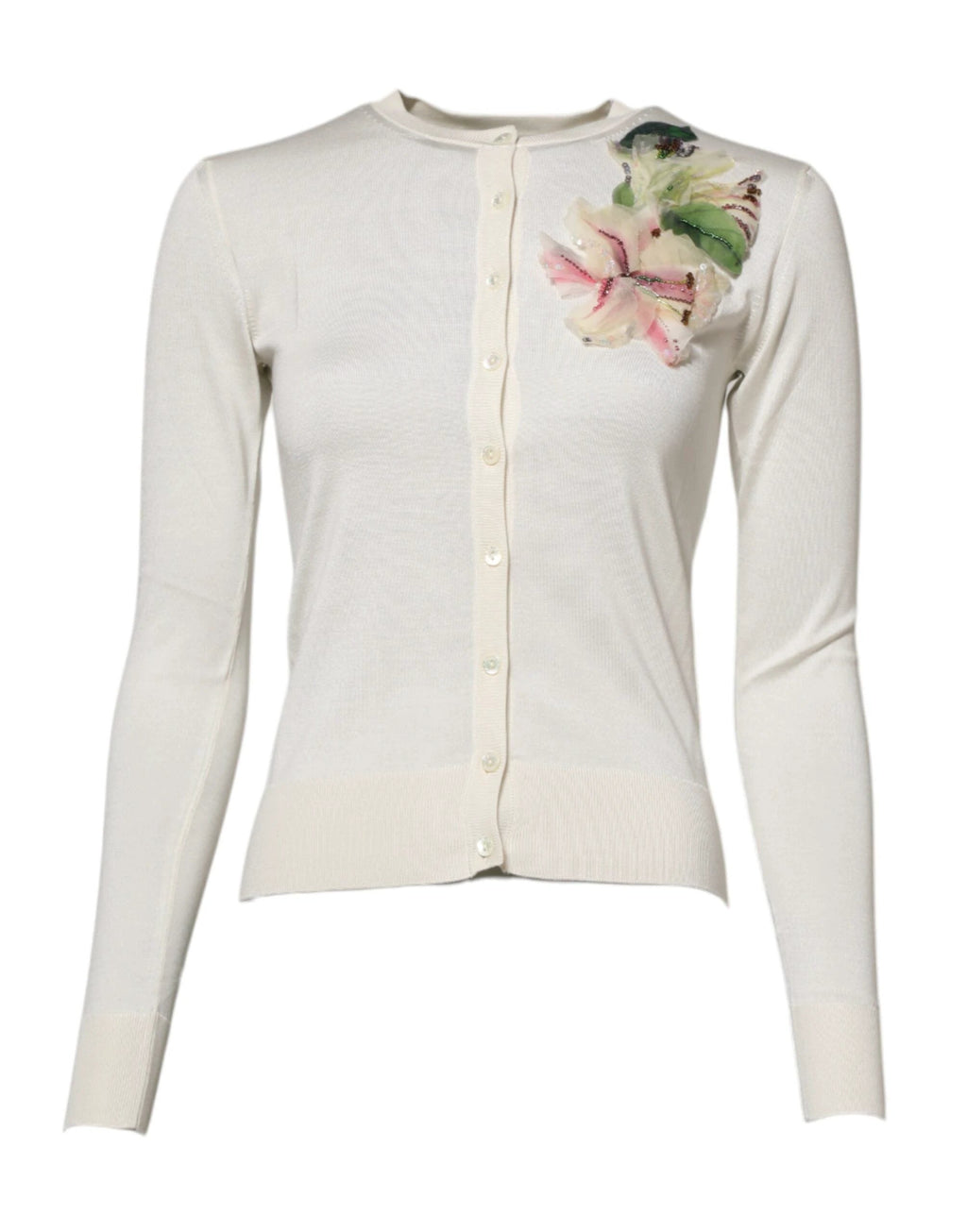 Dolce & Gabbana White Silk Lily Embellished Cardigan Sweater by Dolce & Gabbana