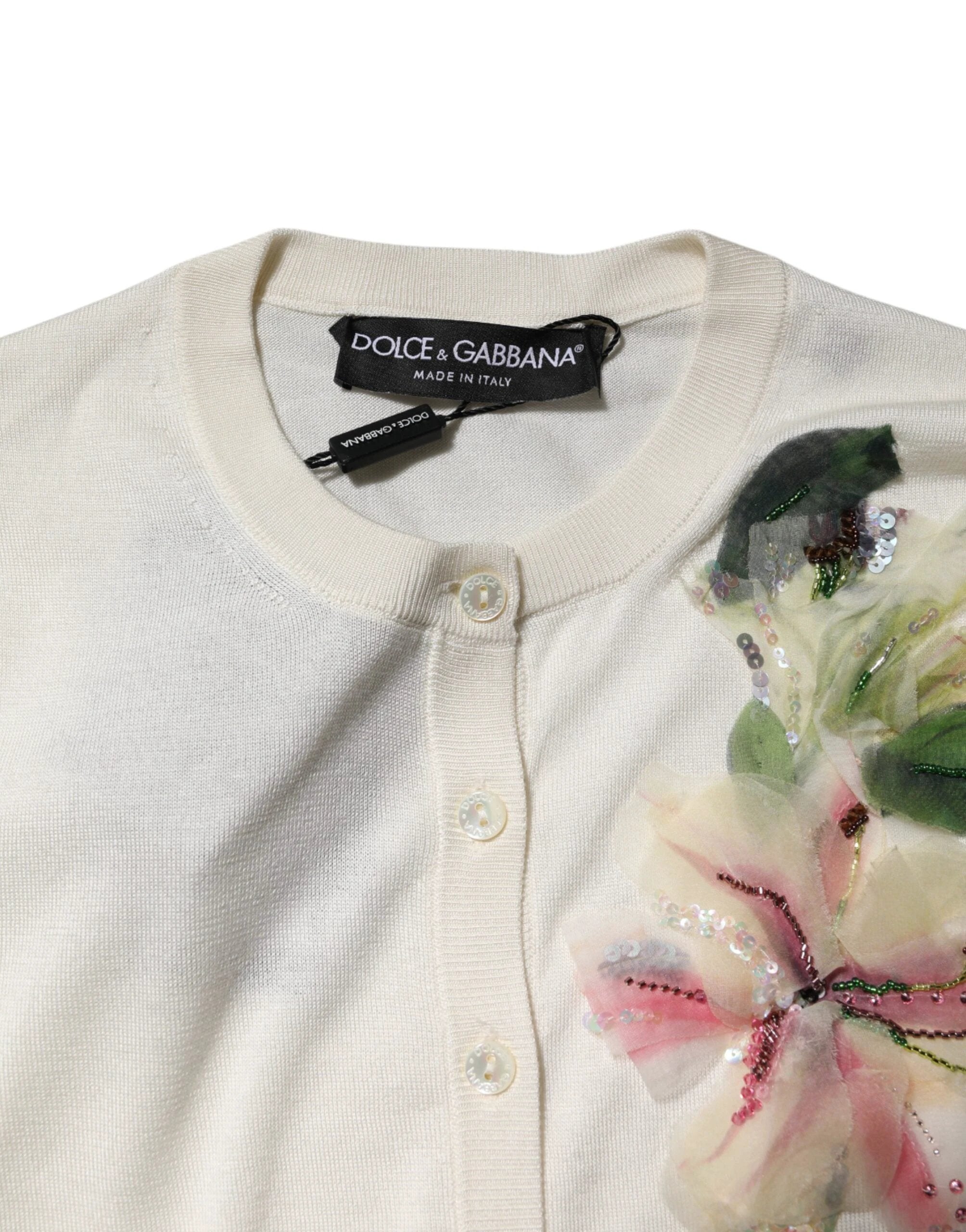 Dolce & Gabbana White Silk Lily Embellished Cardigan Sweater by Dolce & Gabbana