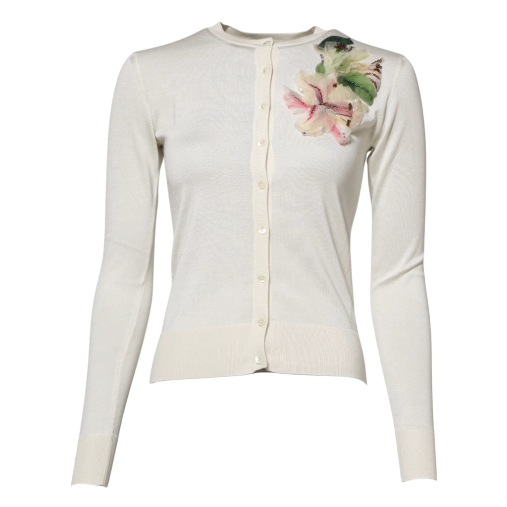Dolce & Gabbana White Silk Lily Embellished Cardigan Sweater by Dolce & Gabbana