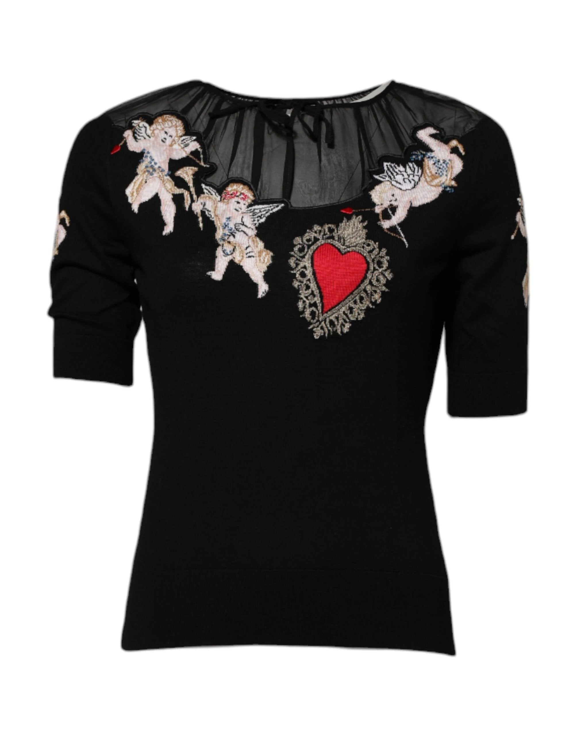 Dolce & Gabbana Black Sacred Heart Embroidered Crewneck Top by Dolce & Gabbana