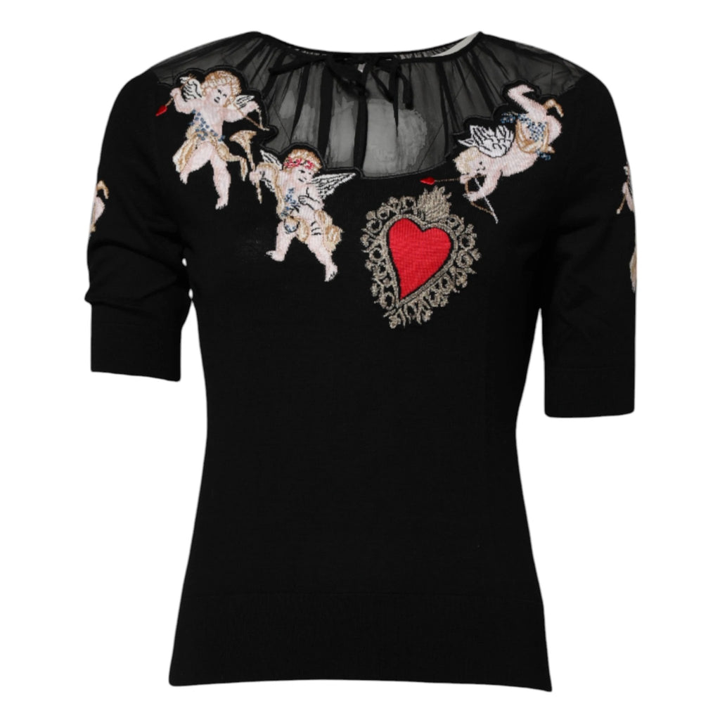 Dolce & Gabbana Black Sacred Heart Embroidered Crewneck Top by Dolce & Gabbana