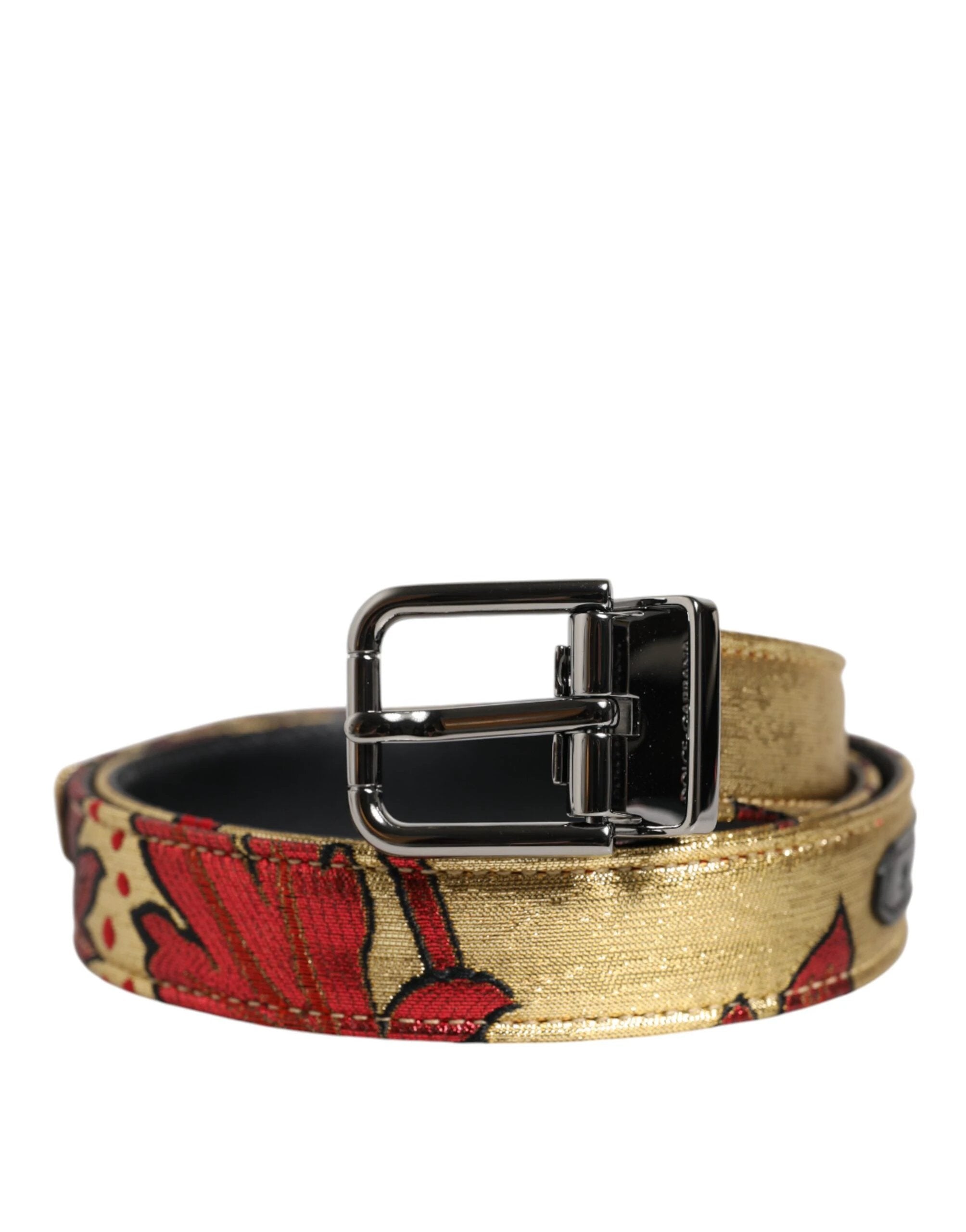 Dolce & Gabbana Gold Floral Jacquard Silver Metal Buckle Belt by Dolce & Gabbana