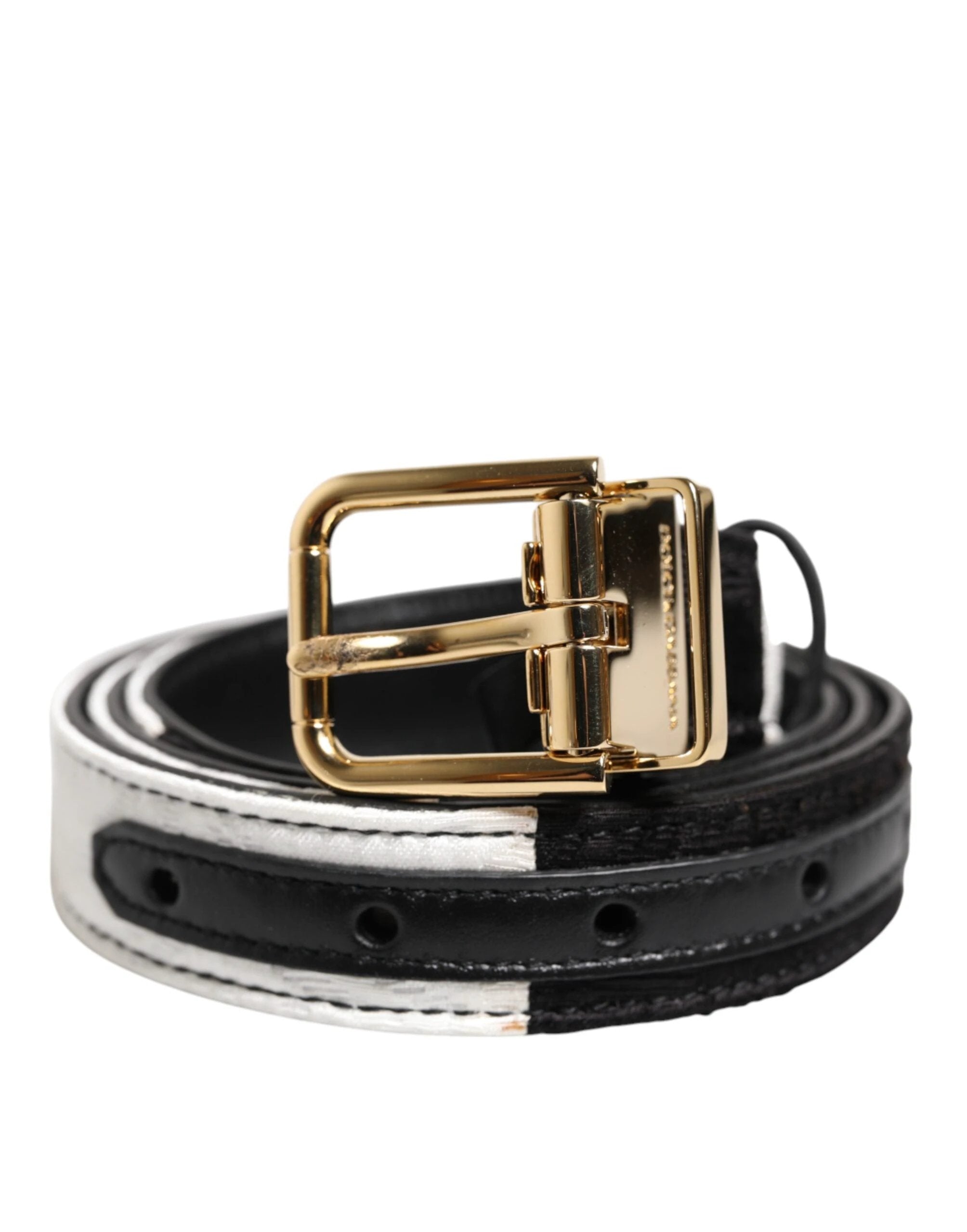Dolce & Gabbana Black White Patchwork Gold Metal Buckle Belt by Dolce & Gabbana