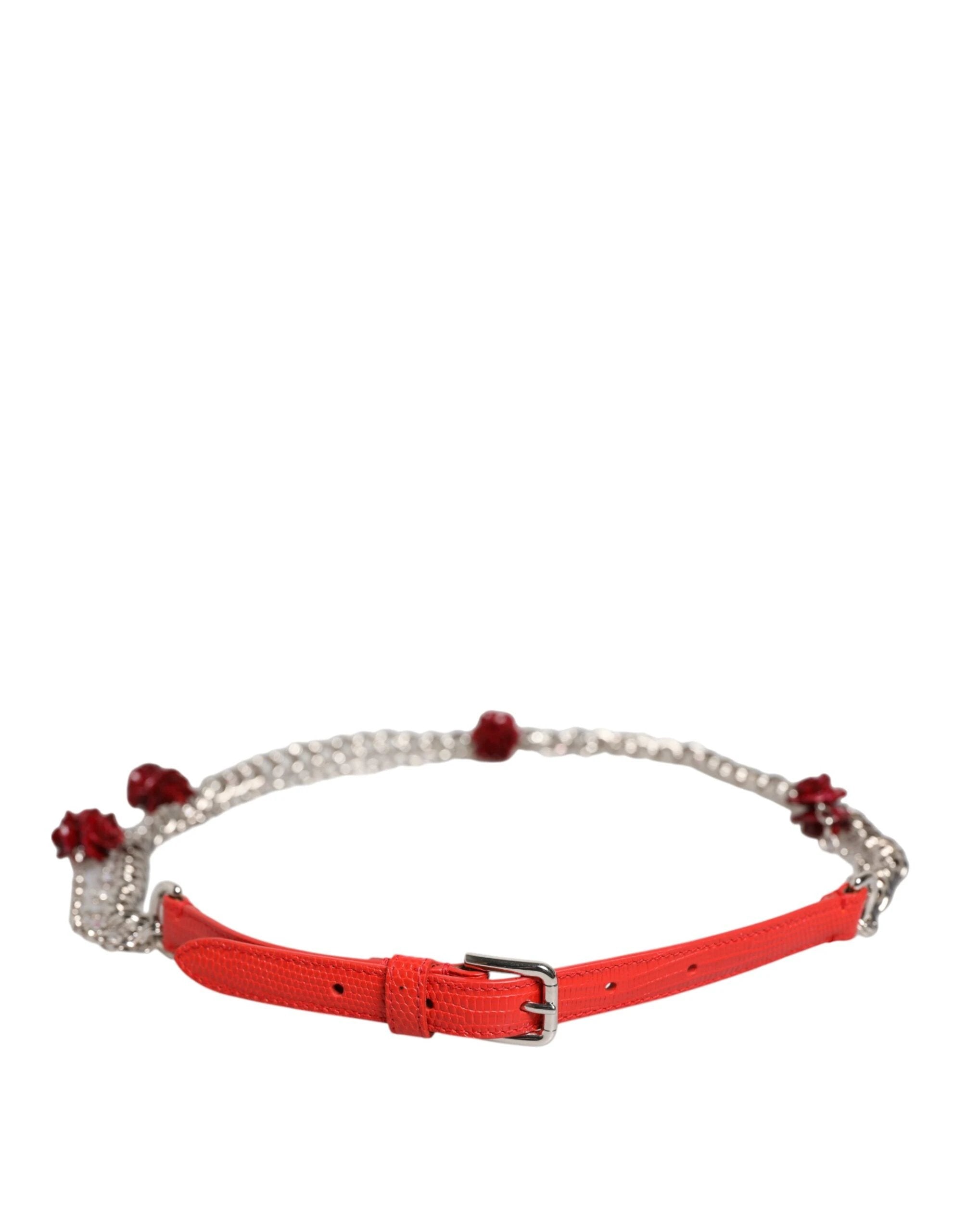 Dolce & Gabbana Red Leather Silver Chain Floral Cintura Belt by Dolce & Gabbana