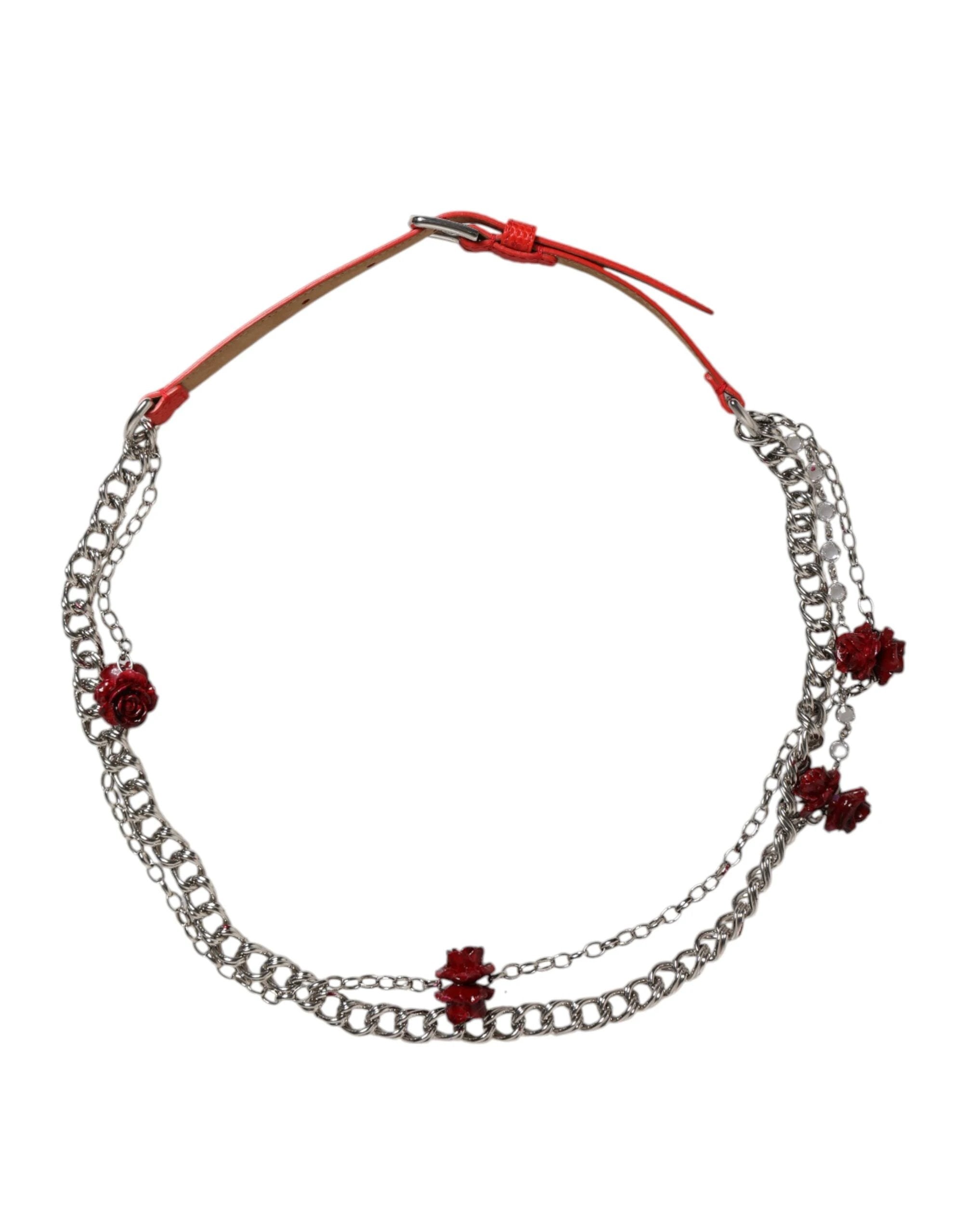 Dolce & Gabbana Red Leather Silver Chain Floral Cintura Belt by Dolce & Gabbana