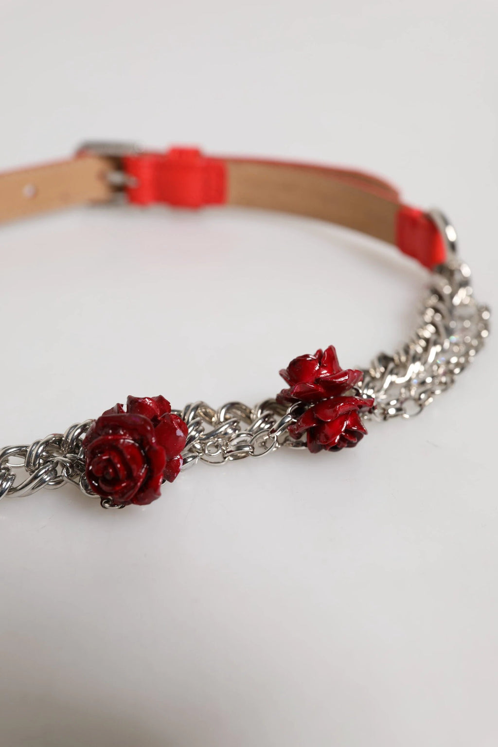 Dolce & Gabbana Red Leather Silver Chain Floral Cintura Belt by Dolce & Gabbana