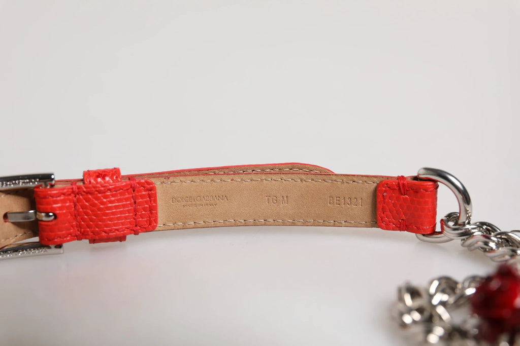 Dolce & Gabbana Red Leather Silver Chain Floral Cintura Belt by Dolce & Gabbana