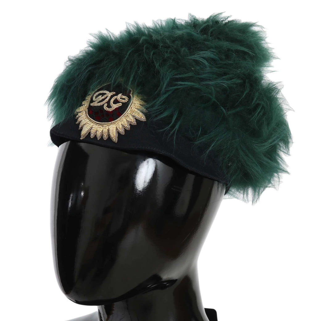 Dolce & Gabbana Green Fur DG Logo Embroidered Cloche Hat by Dolce & Gabbana