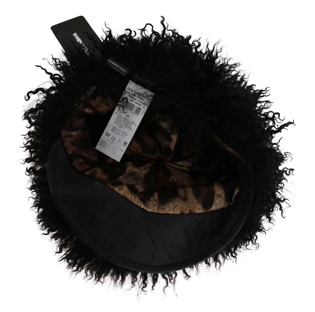 Dolce & Gabbana Black Tibet Lamb Fur Leather Gatsby Hat by Dolce & Gabbana