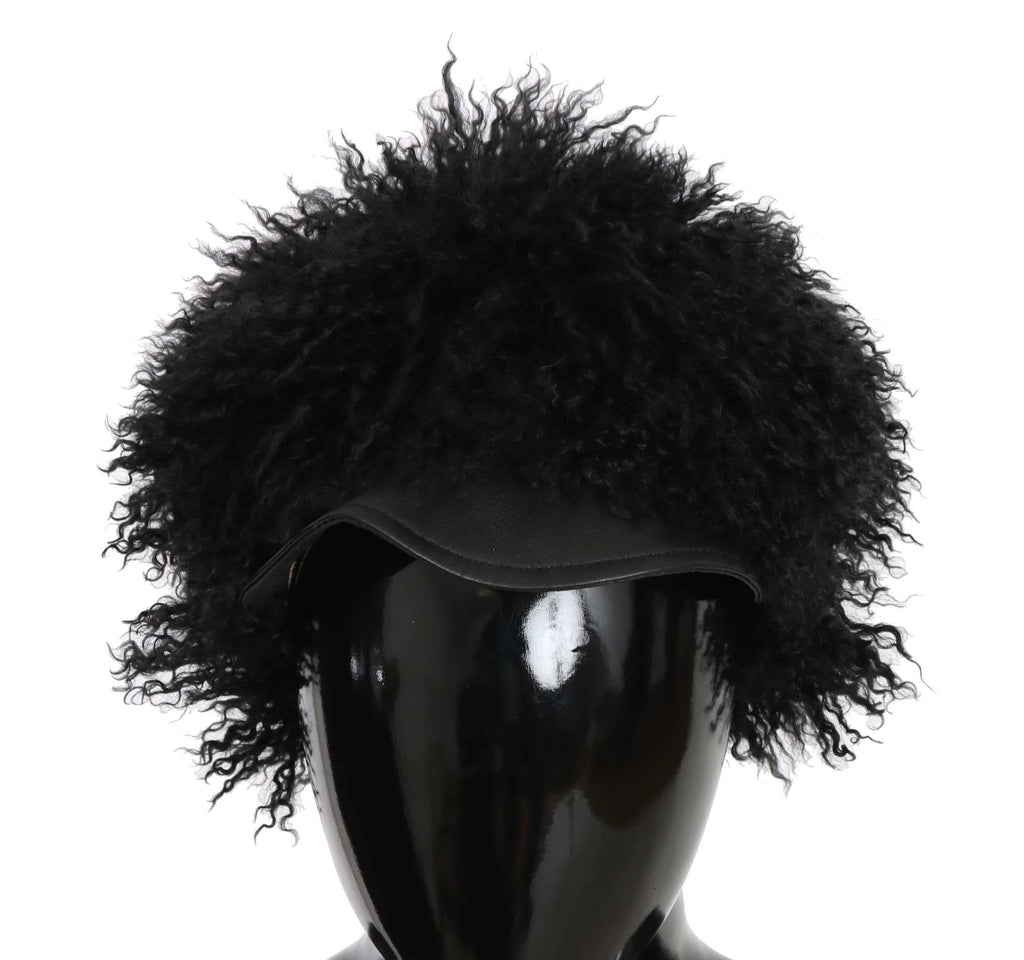 Dolce & Gabbana Black Tibet Lamb Fur Leather Gatsby Hat by Dolce & Gabbana