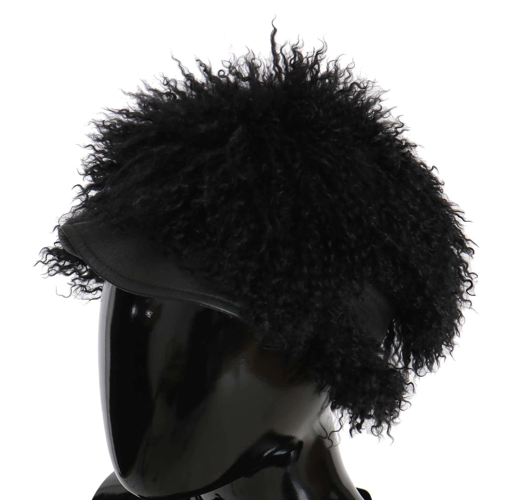 Dolce & Gabbana Black Tibet Lamb Fur Leather Gatsby Hat by Dolce & Gabbana