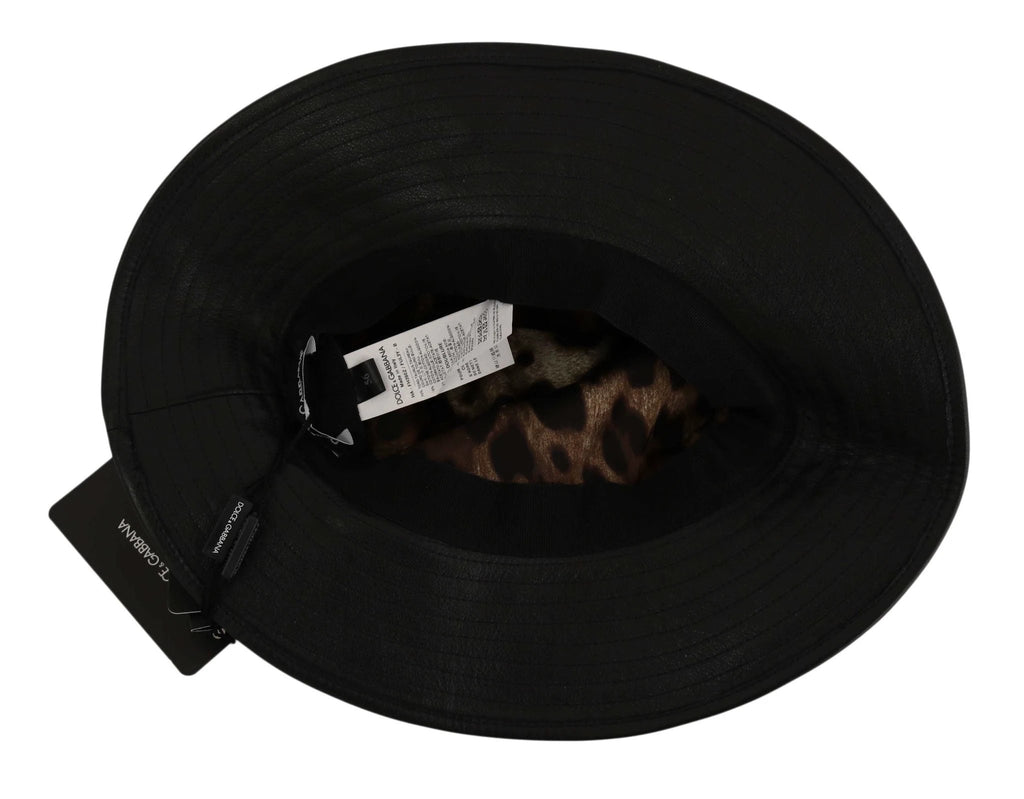 Dolce & Gabbana Black Leather DG Coin Crystal Wide Brim Hat by Dolce & Gabbana