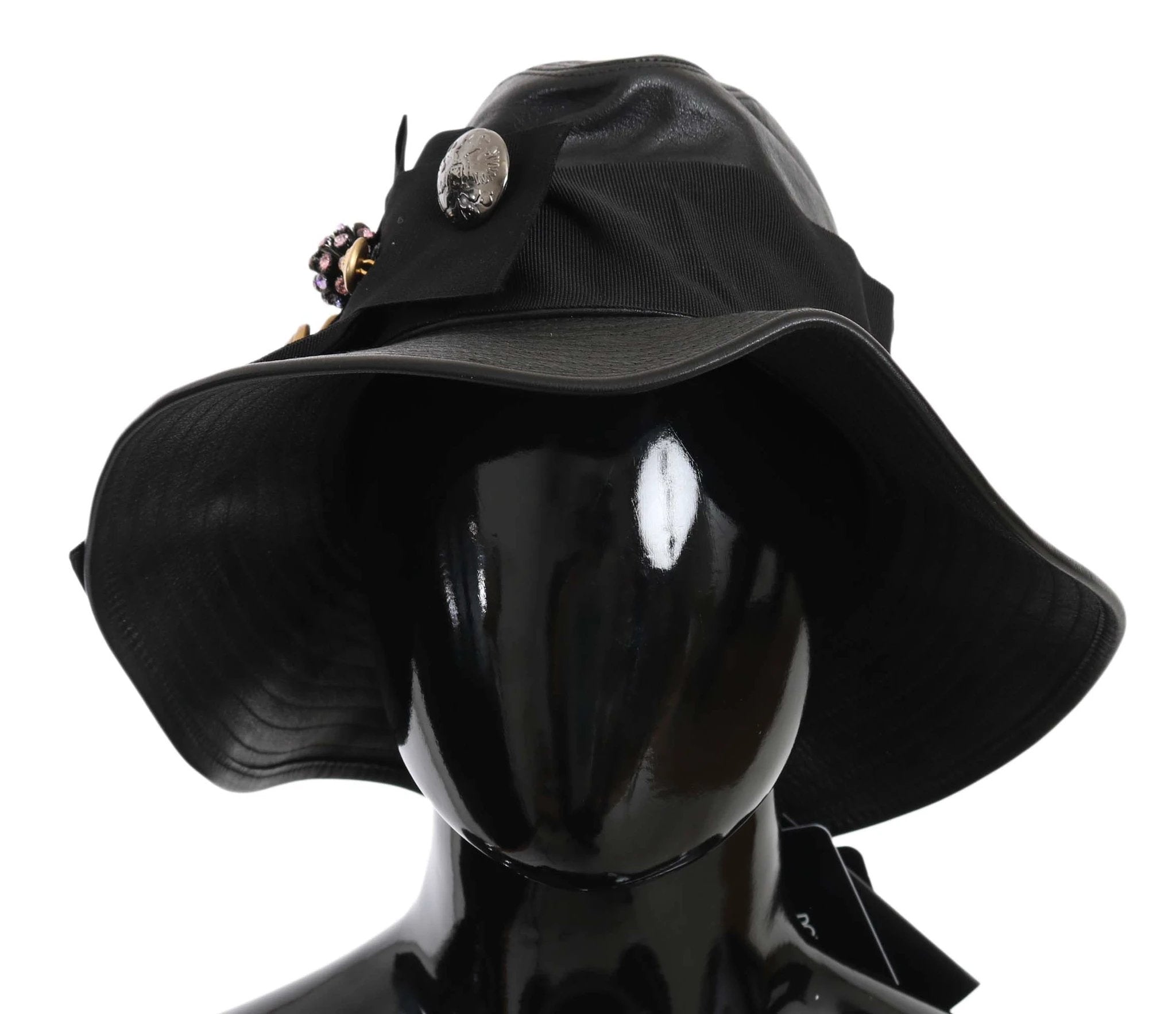 Dolce & Gabbana Black Leather DG Coin Crystal Wide Brim Hat by Dolce & Gabbana