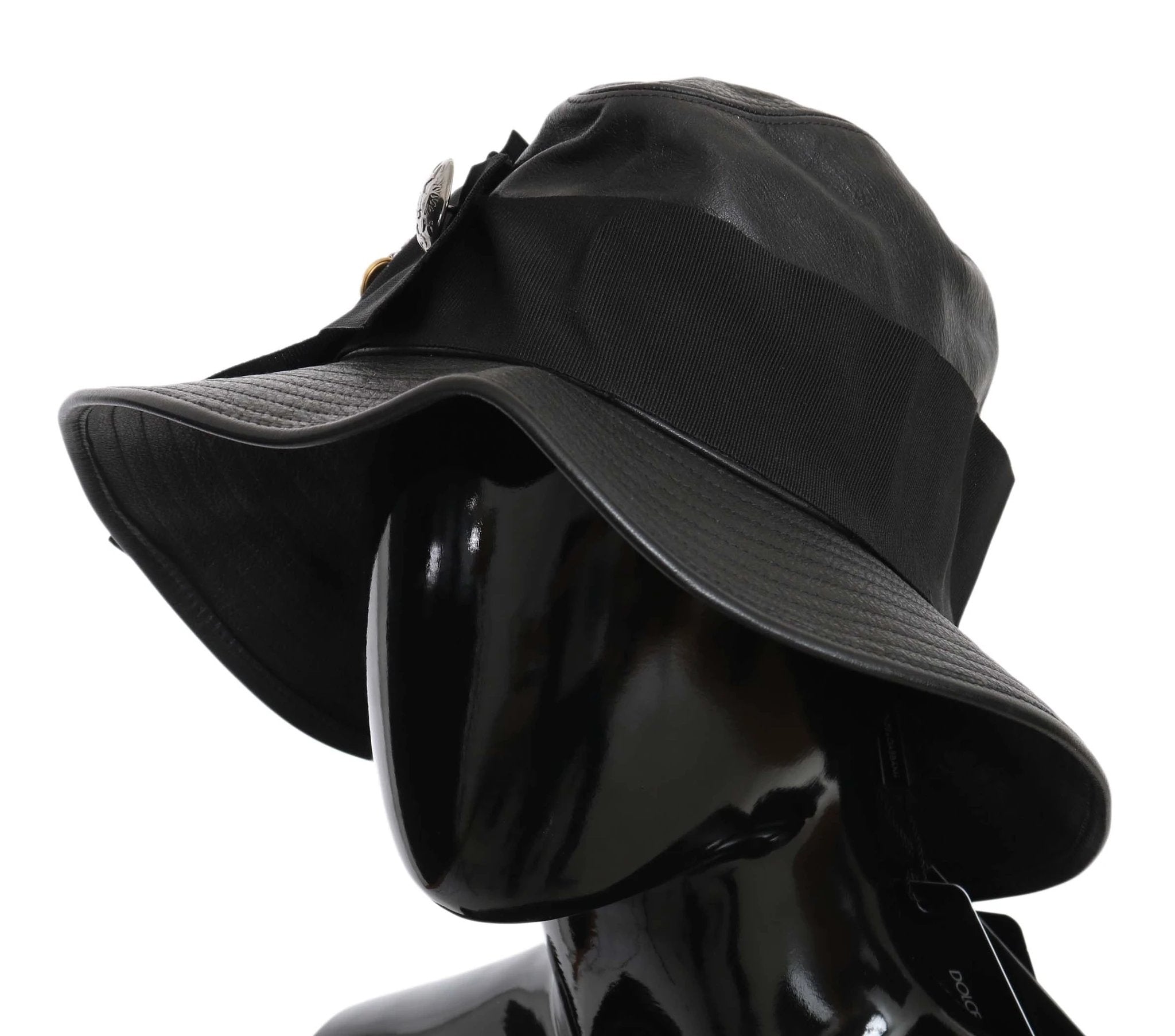 Dolce & Gabbana Black Leather DG Coin Crystal Wide Brim Hat by Dolce & Gabbana